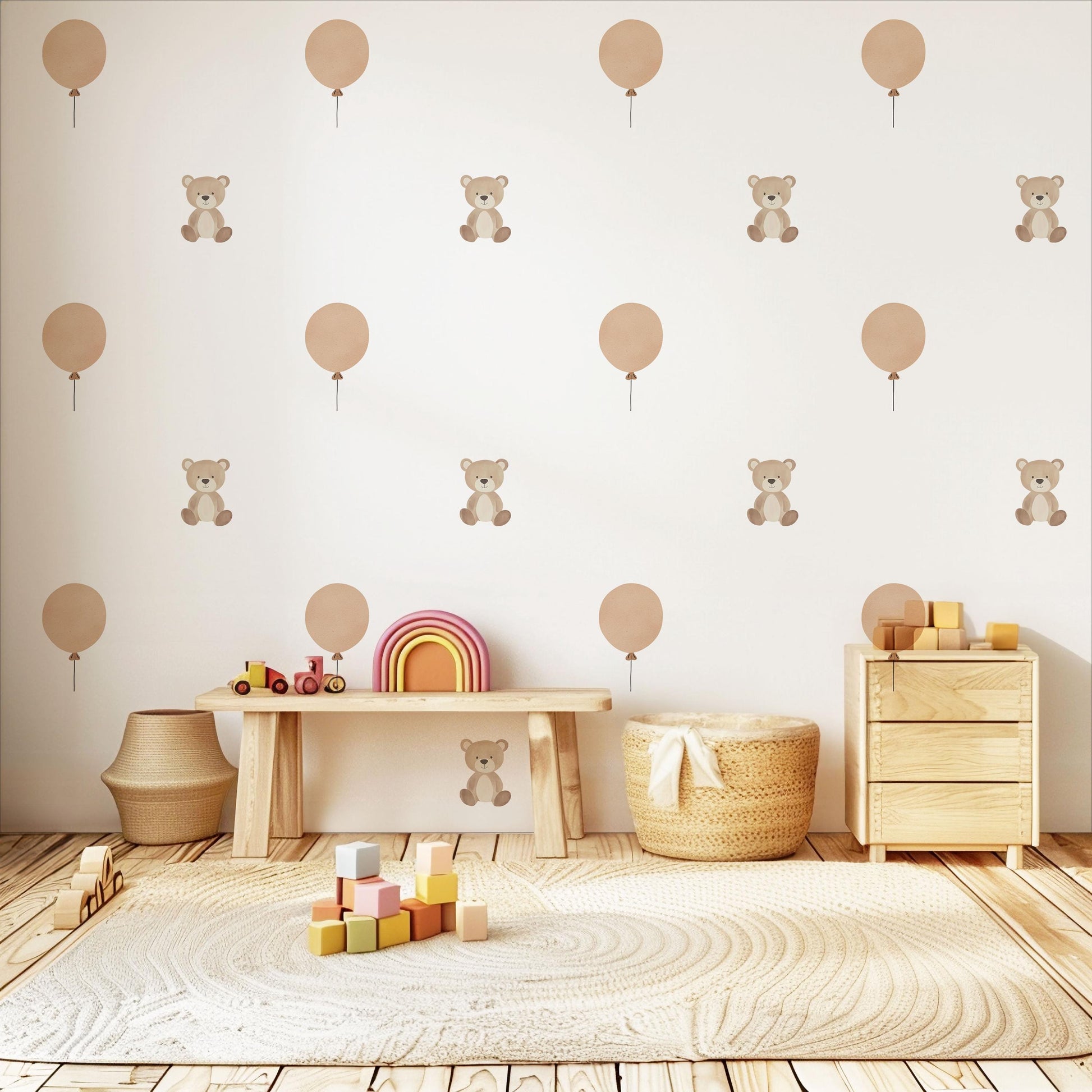 Teddy Bear Wall Stickers Neutral Nursery Decor Balloon Wall Decals Baby Room Decor Bear Nursery Stickers Kids Bedroom Wall Art