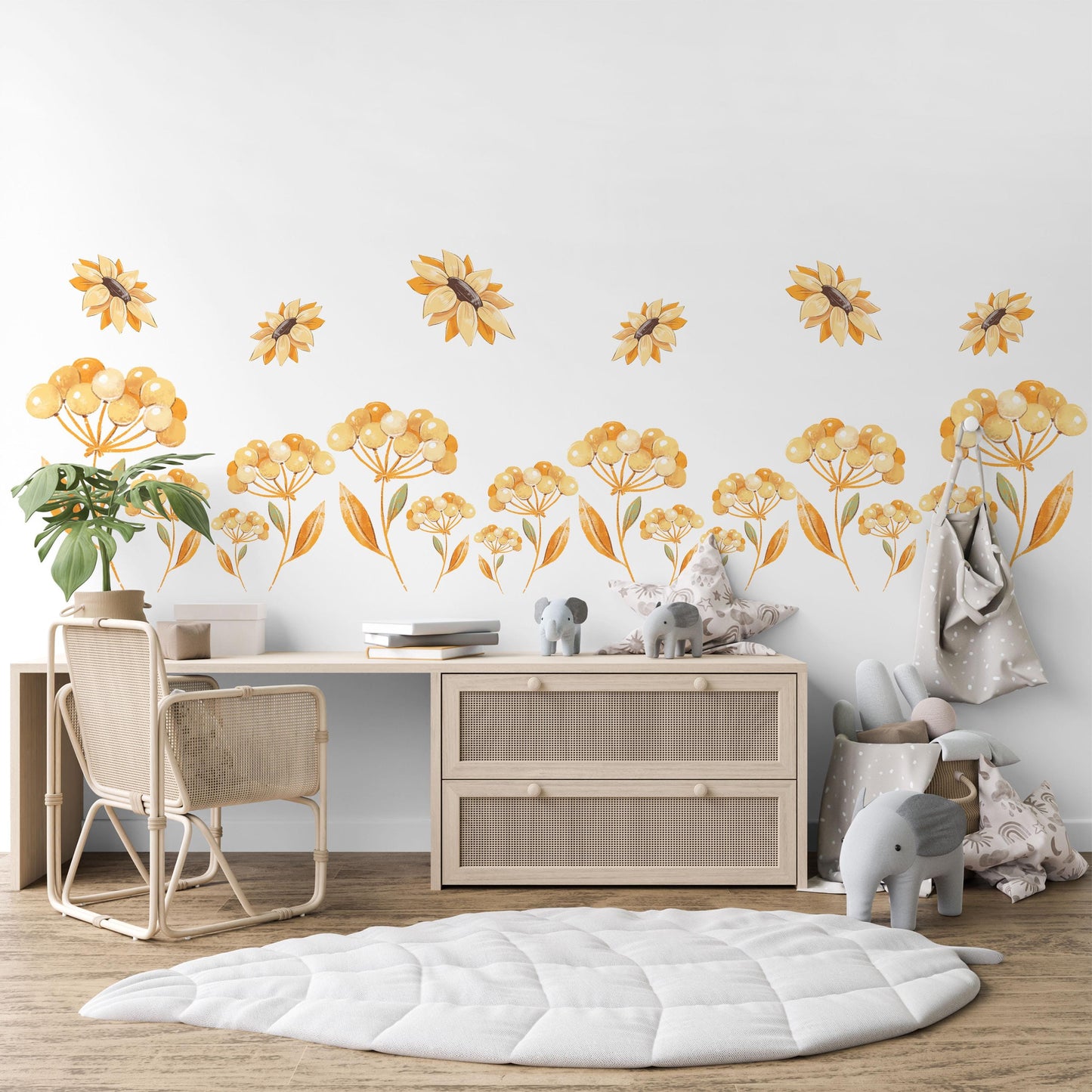 Sunflower Wall Stickers Floral Nursery Decor Yellow Flower Wall Decals Wildflower Bedroom Decor Peel And Stick Wall Art