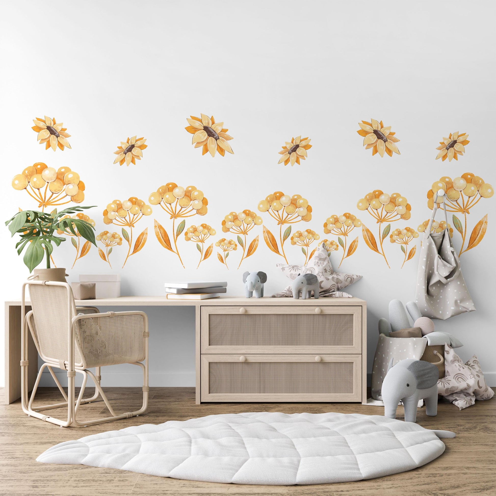 Sunflower Wall Stickers Floral Nursery Decor Yellow Flower Wall Decals Wildflower Bedroom Decor Peel And Stick Wall Art