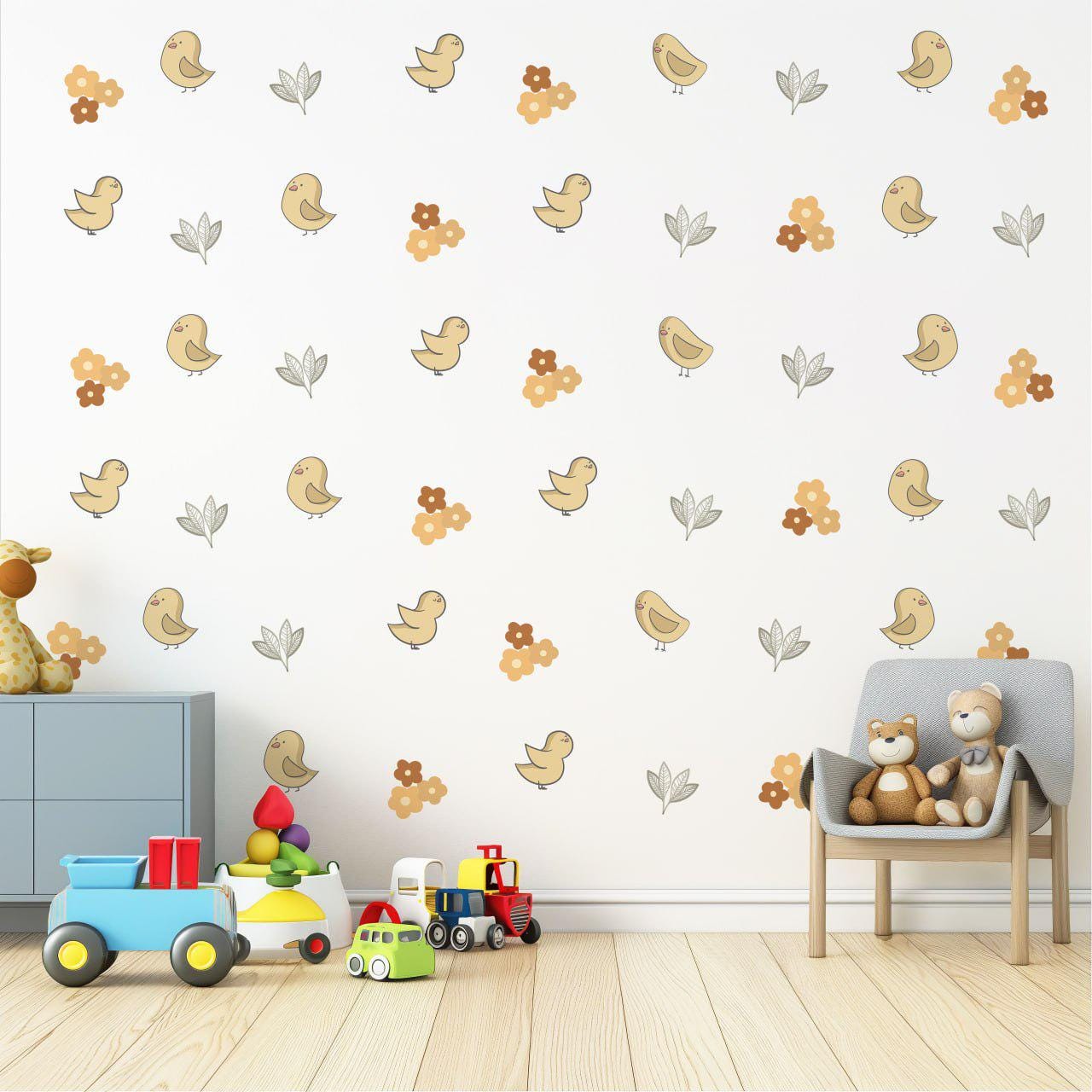 Bird Nursery Wall Decals Boho Bird Wall Stickers Neutral Nursery Decor, Floral Wall Decals, Woodland Nursery Wall Art, Peel and Stick Decals