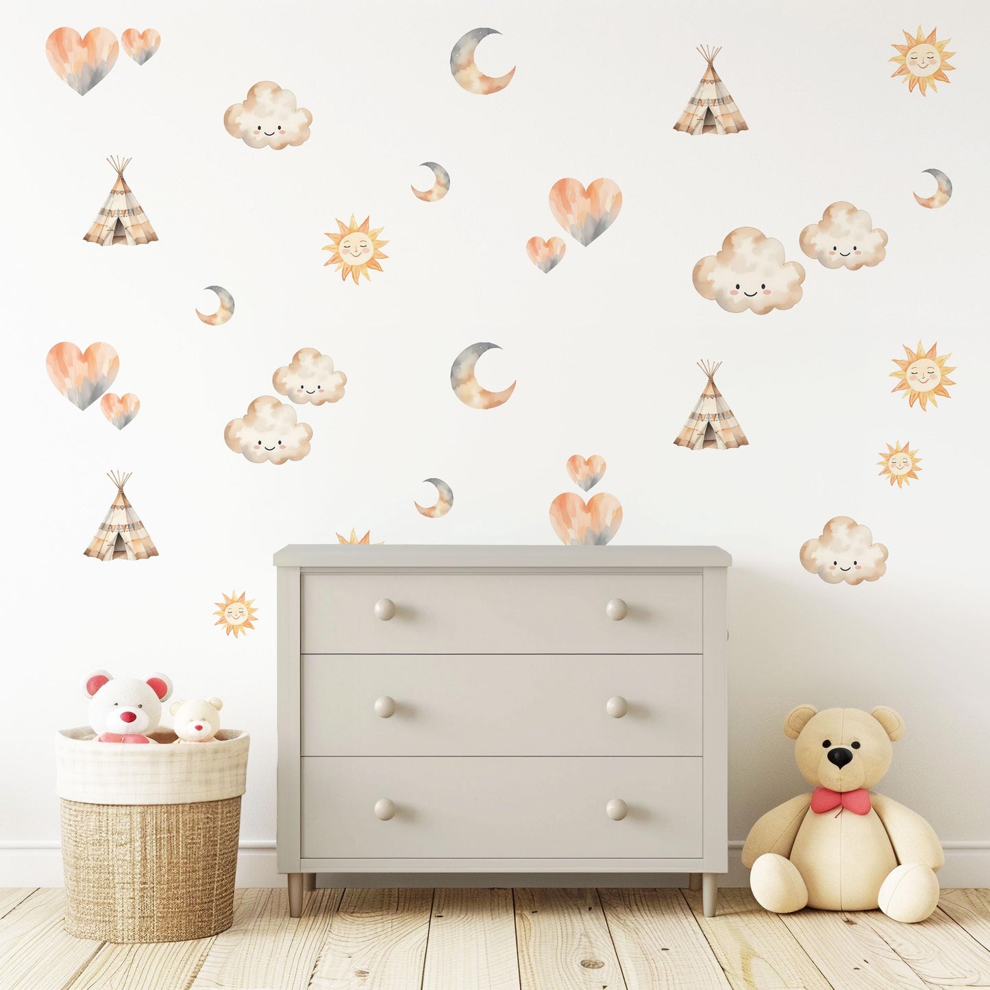 Boho Nursery Wall Decals Sun Moon Cloud Wall Stickers Teepee Nursery Decor Neutral Nursery Wall Art Woodland Baby Room Decals Peel and Stick