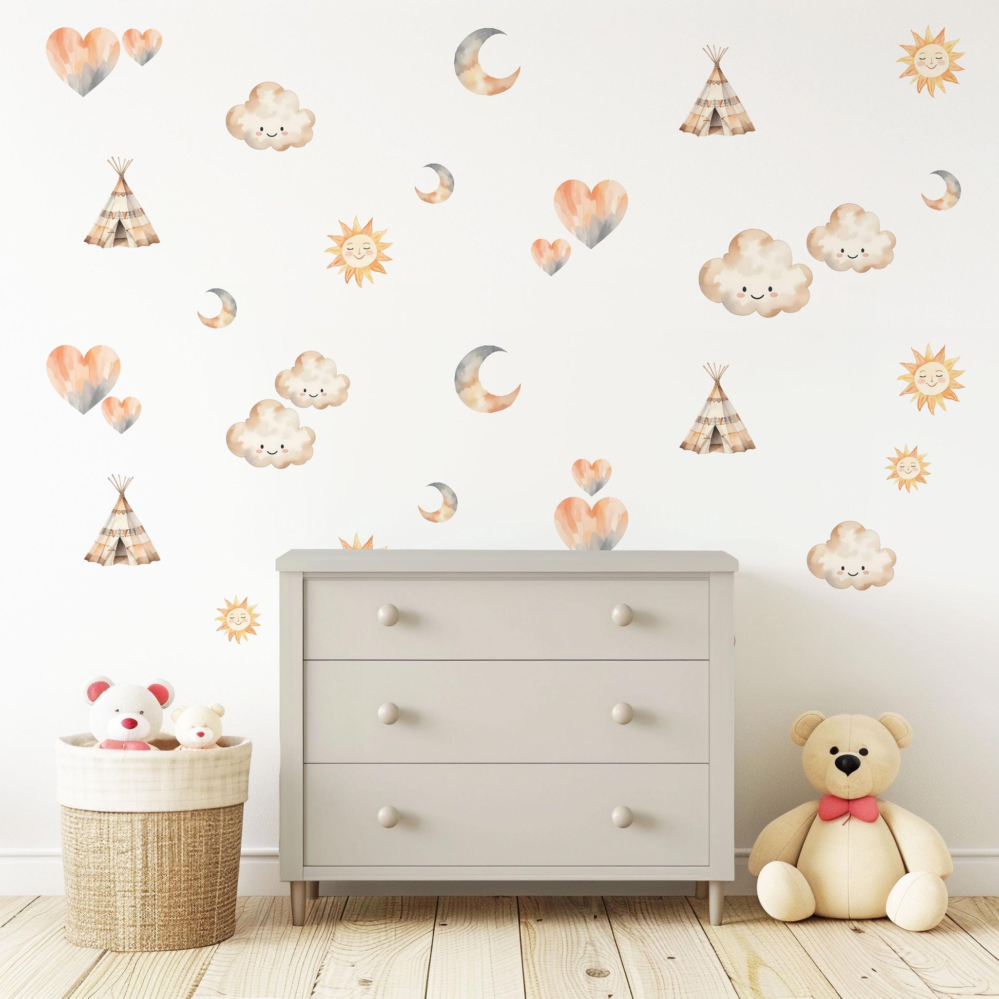 Boho Nursery Wall Decals Sun Moon Cloud Wall Stickers Teepee Nursery Decor Neutral Nursery Wall Art Woodland Baby Room Decals Peel and Stick