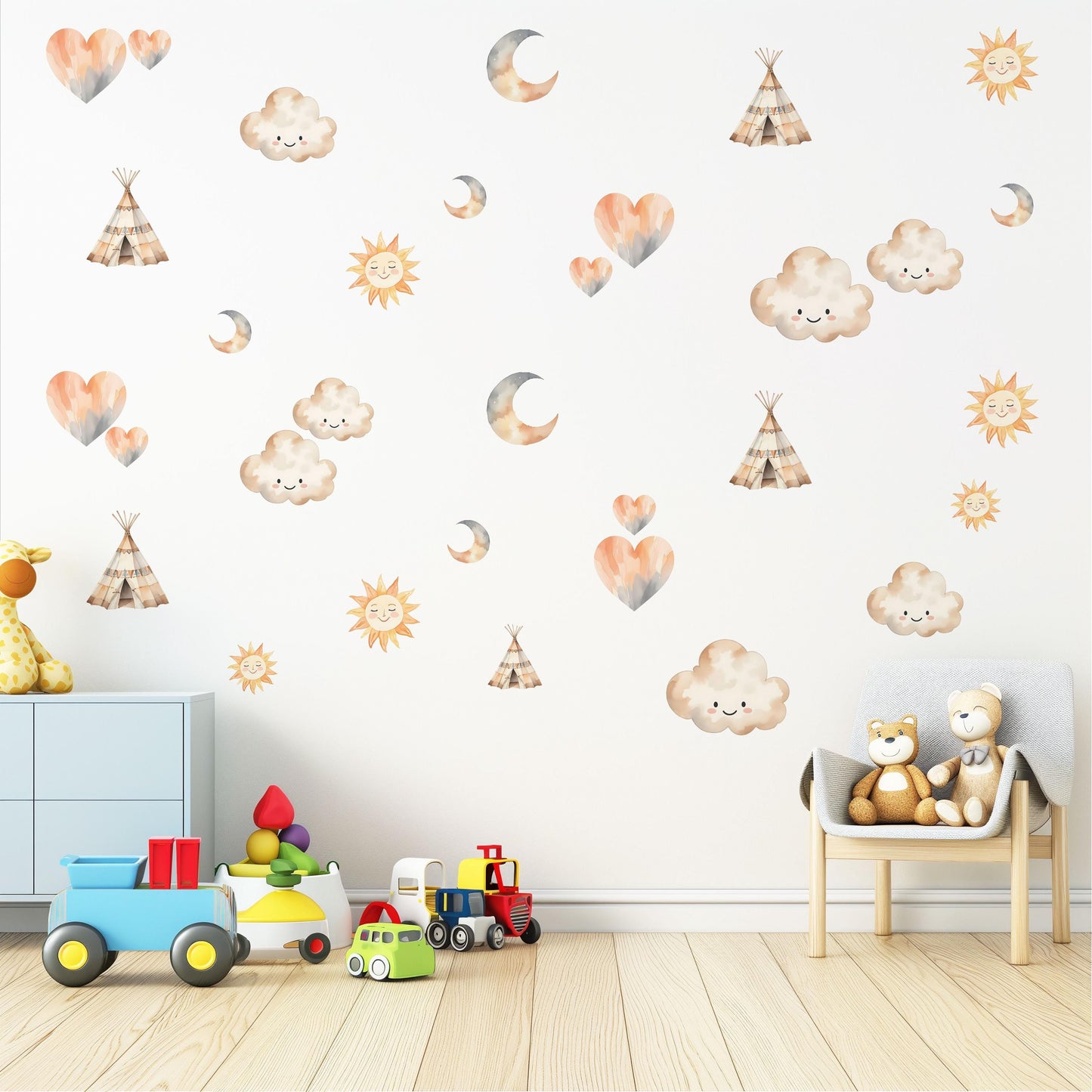 Boho Nursery Wall Decals Sun Moon Cloud Wall Stickers Teepee Nursery Decor Neutral Nursery Wall Art Woodland Baby Room Decals Peel and Stick