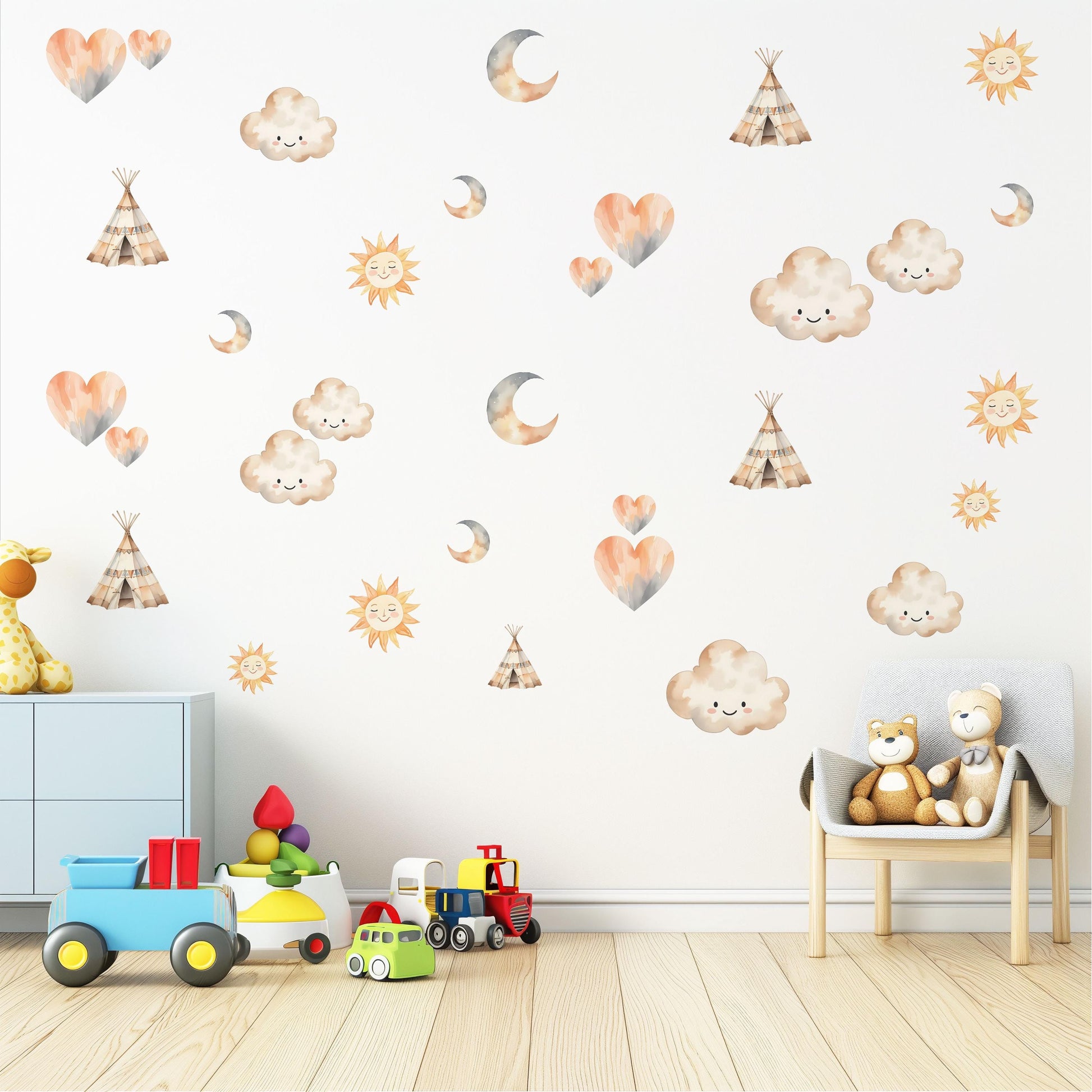 Boho Nursery Wall Decals Sun Moon Cloud Wall Stickers Teepee Nursery Decor Neutral Nursery Wall Art Woodland Baby Room Decals Peel and Stick