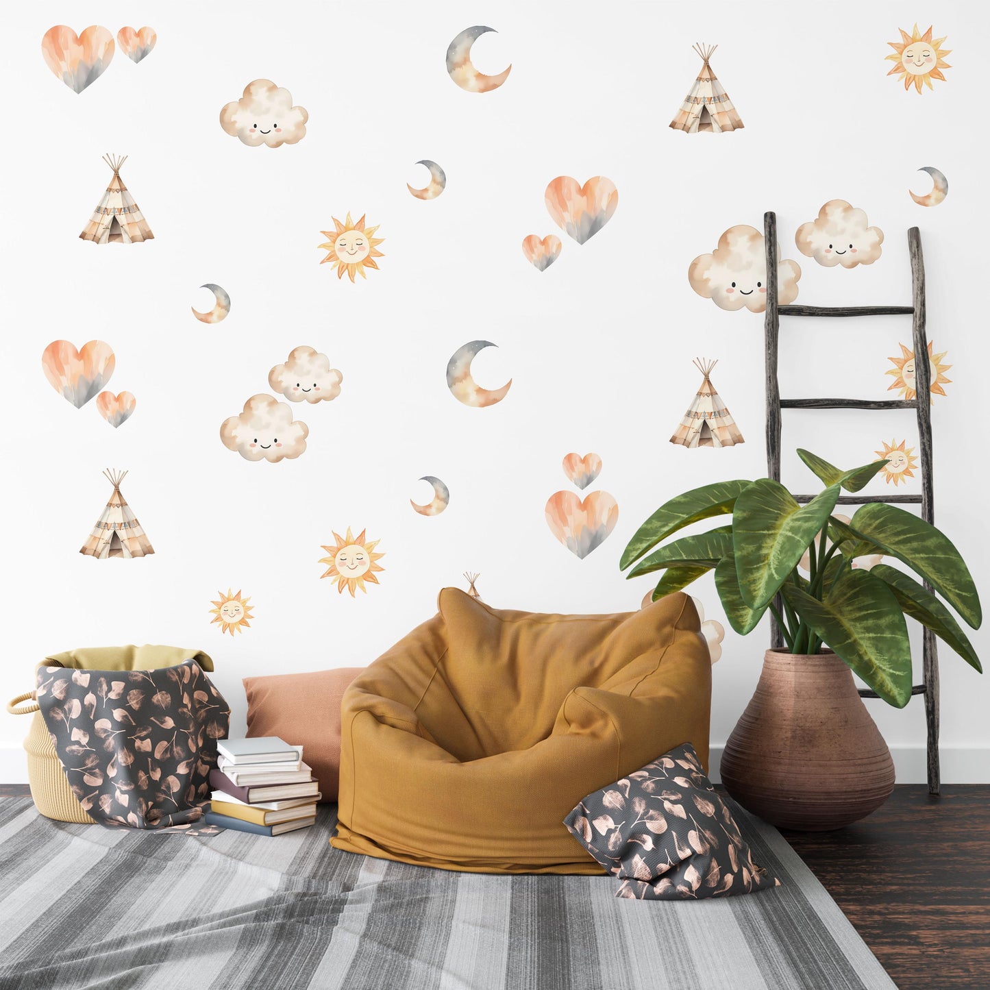 Boho Nursery Wall Decals Sun Moon Cloud Wall Stickers Teepee Nursery Decor Neutral Nursery Wall Art Woodland Baby Room Decals Peel and Stick