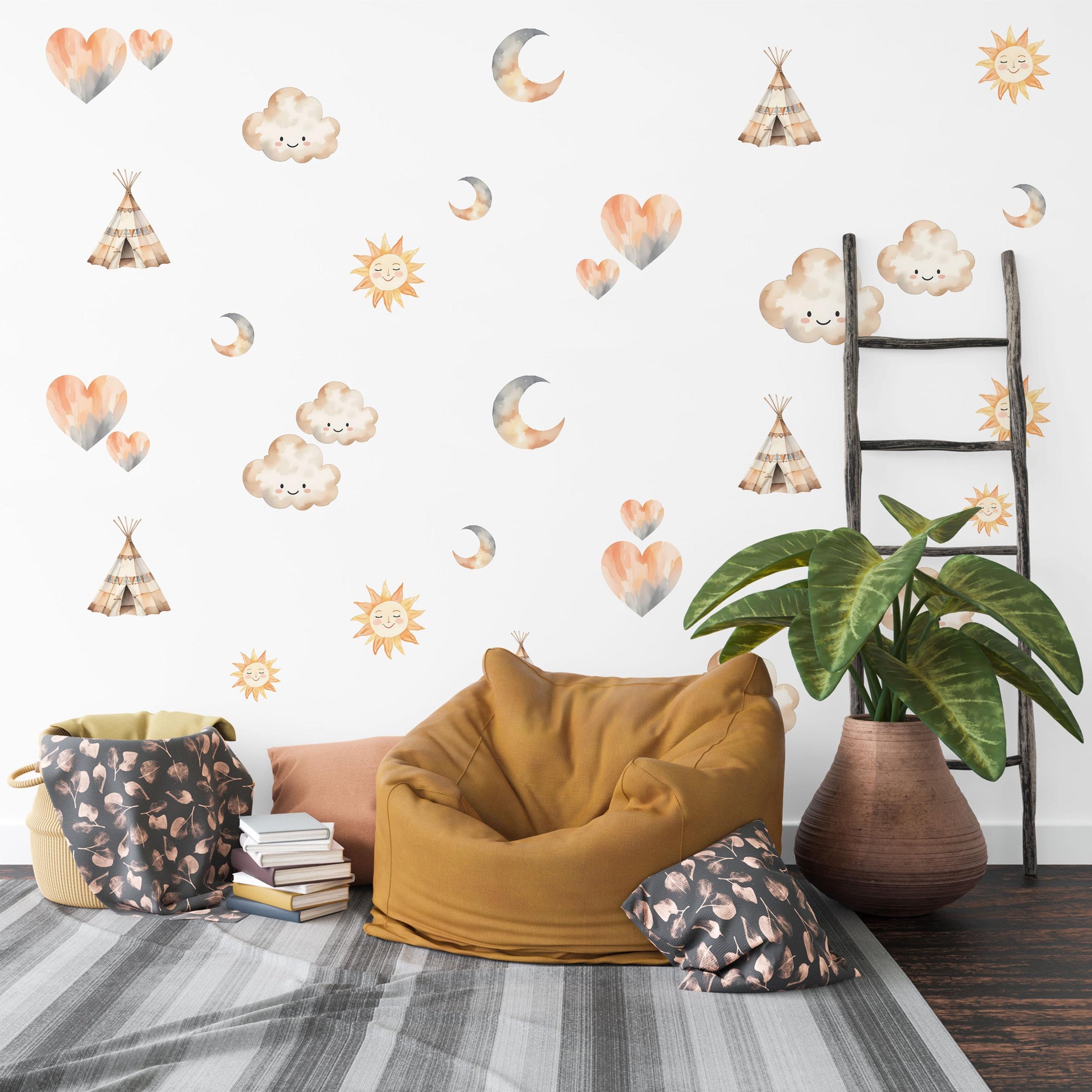 Boho Nursery Wall Decals Sun Moon Cloud Wall Stickers Teepee Nursery Decor Neutral Nursery Wall Art Woodland Baby Room Decals Peel and Stick