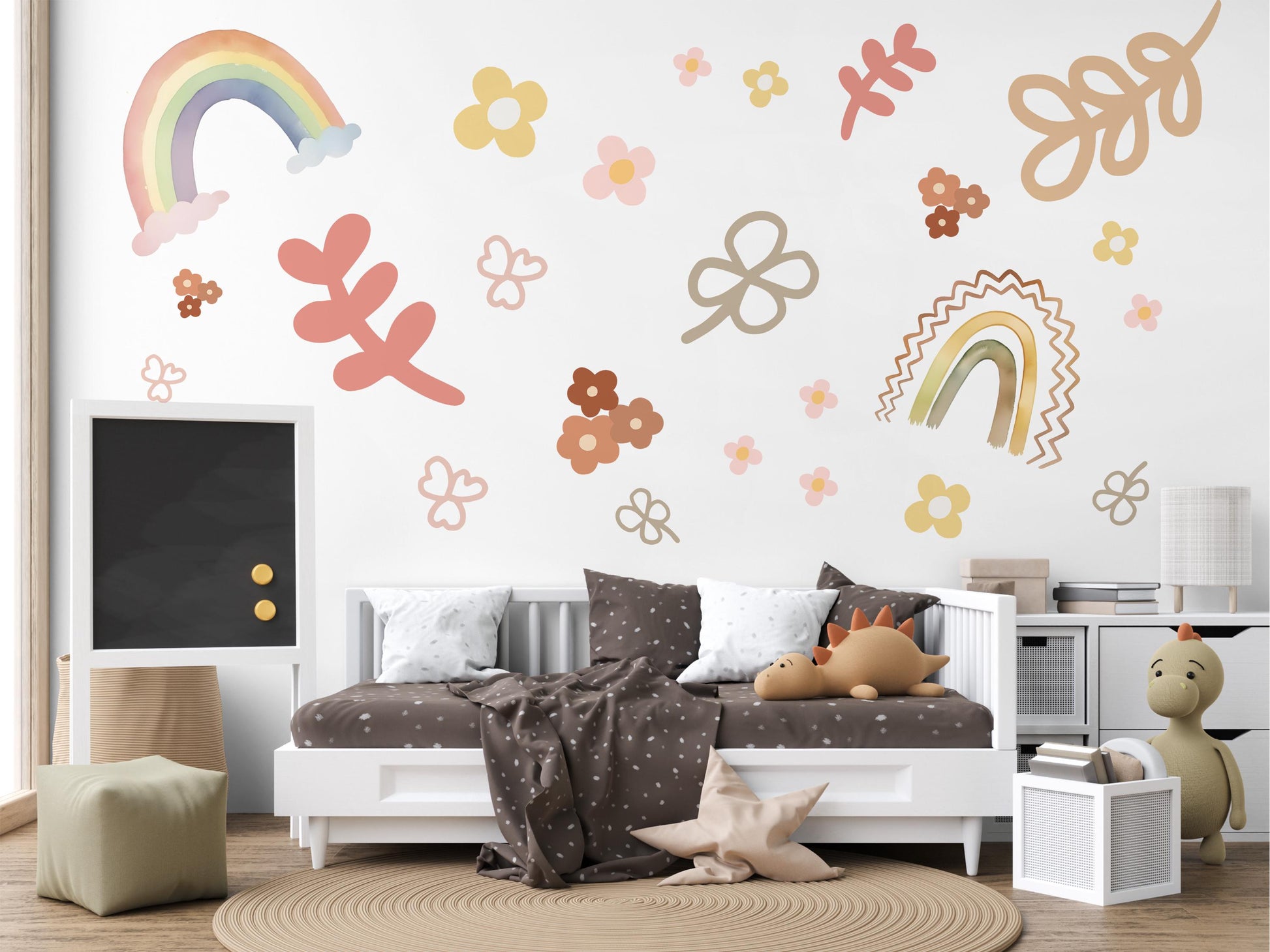 Boho Rainbow Wall Decal Neutral Nursery Wall Stickers Pastel Rainbow Nursery Decor Floral Wall Decals Baby Girl Nursery Decor Peel and Stick