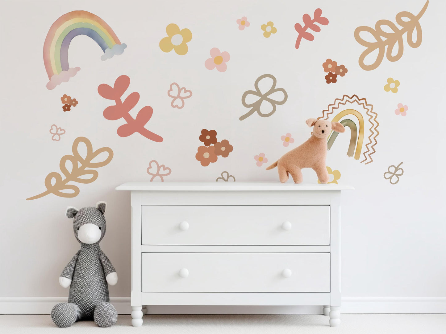 Boho Rainbow Wall Decal Neutral Nursery Wall Stickers Pastel Rainbow Nursery Decor Floral Wall Decals Baby Girl Nursery Decor Peel and Stick