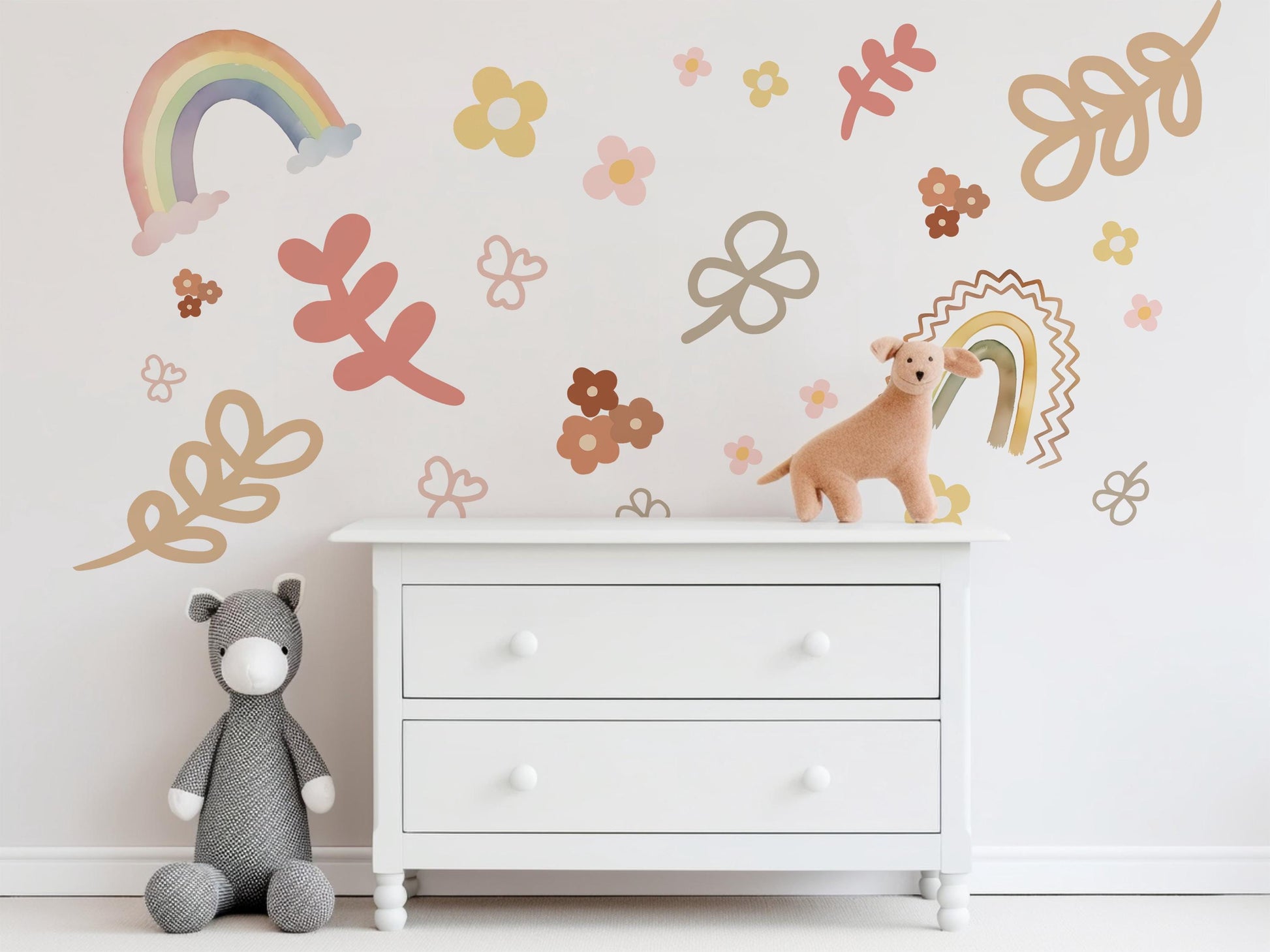 Boho Rainbow Wall Decal Neutral Nursery Wall Stickers Pastel Rainbow Nursery Decor Floral Wall Decals Baby Girl Nursery Decor Peel and Stick