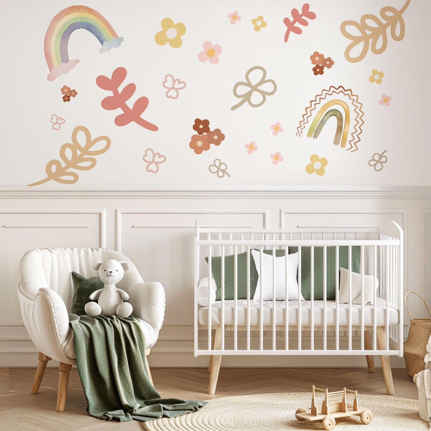 Boho Rainbow Wall Decal Neutral Nursery Wall Stickers Pastel Rainbow Nursery Decor Floral Wall Decals Baby Girl Nursery Decor Peel and Stick