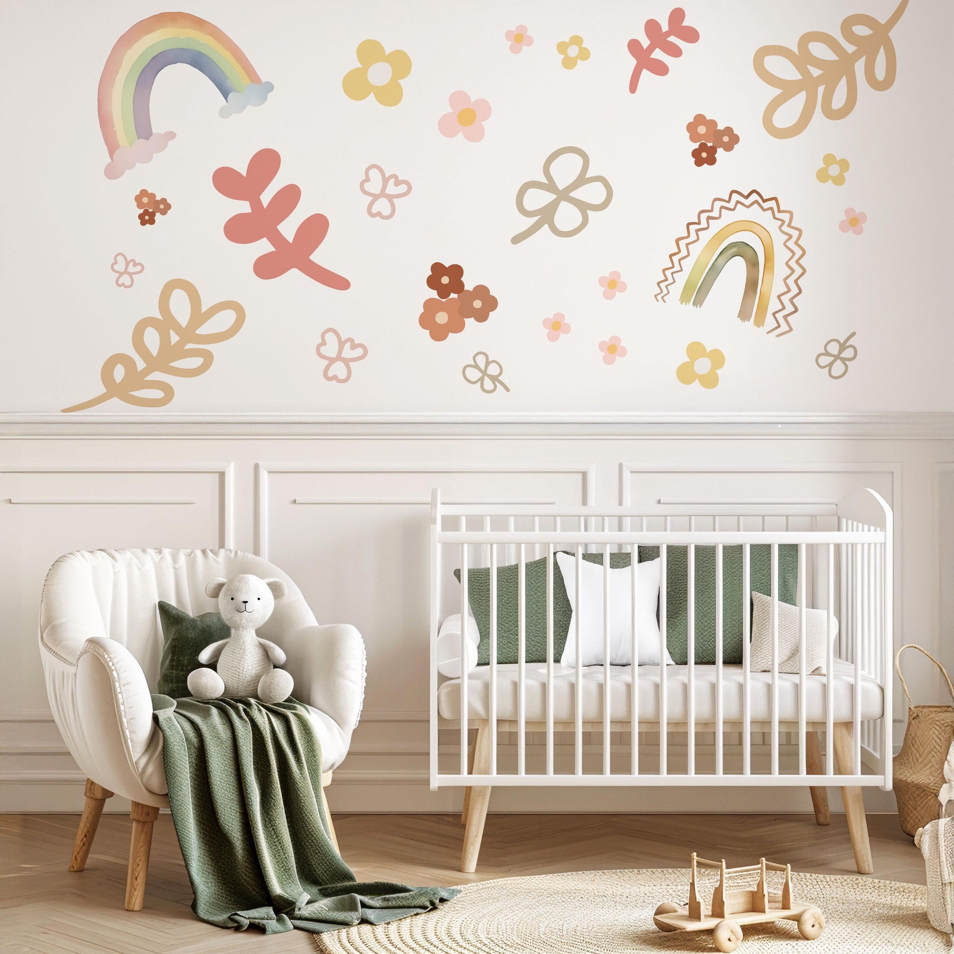 Boho Rainbow Wall Decal Neutral Nursery Wall Stickers Pastel Rainbow Nursery Decor Floral Wall Decals Baby Girl Nursery Decor Peel and Stick