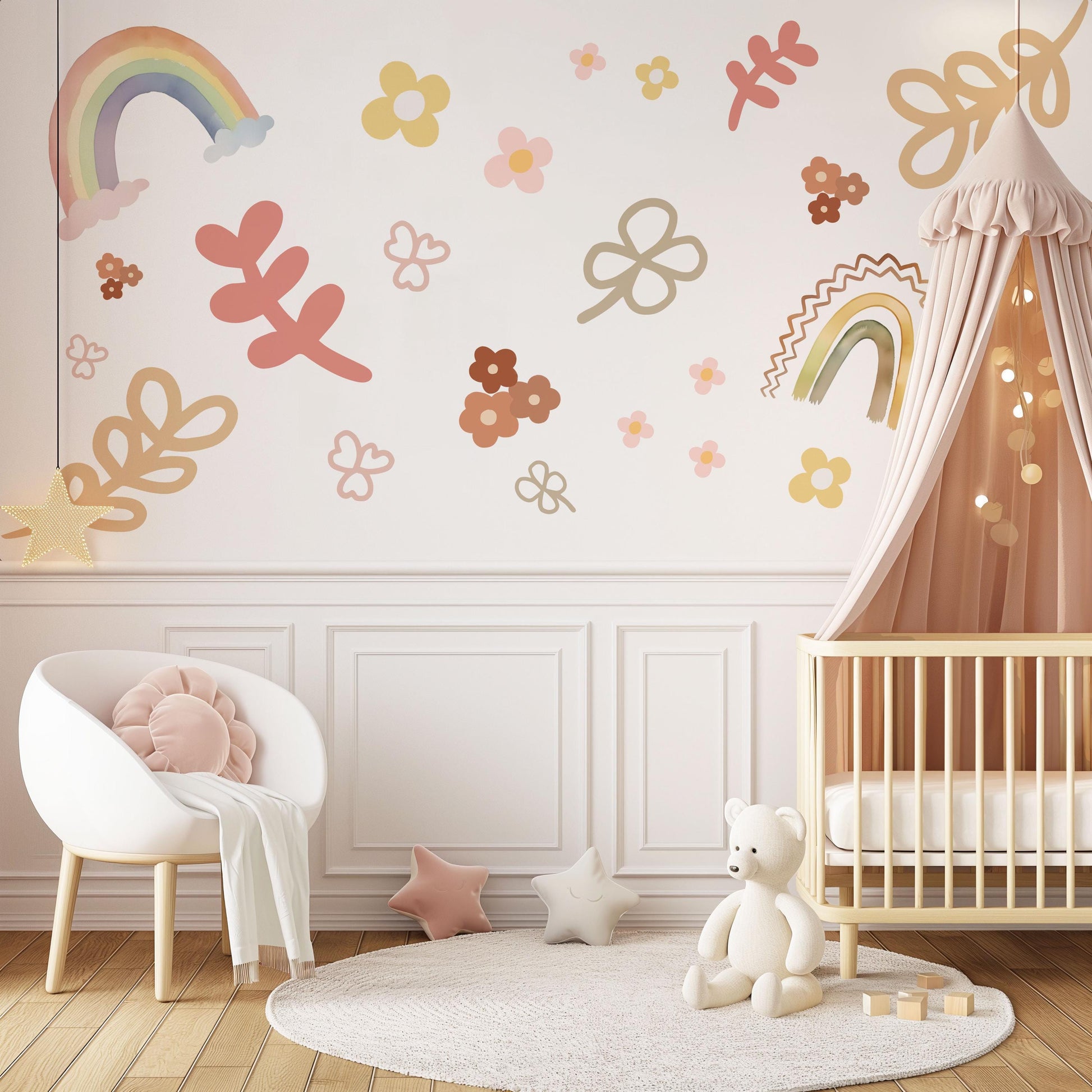 Boho Rainbow Wall Decal Neutral Nursery Wall Stickers Pastel Rainbow Nursery Decor Floral Wall Decals Baby Girl Nursery Decor Peel and Stick