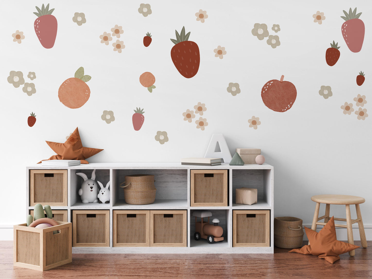 Strawberry Wall Decals Fruit Nursery Wall Stickers, Strawberry Nursery Decor, Boho Nursery Wall Art, Peach Wall Decals, Baby Girl Room Decor