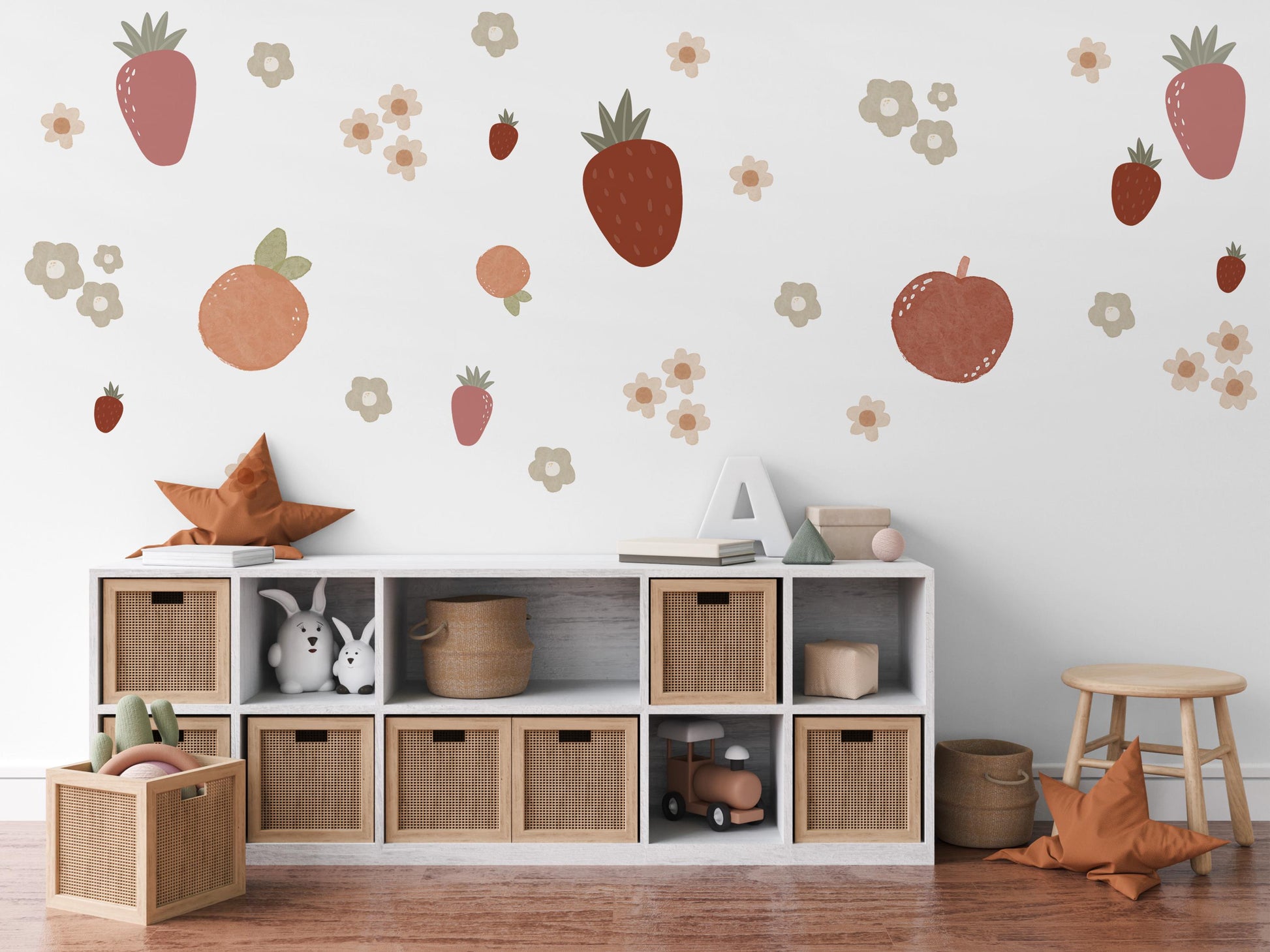 Strawberry Wall Decals Fruit Nursery Wall Stickers, Strawberry Nursery Decor, Boho Nursery Wall Art, Peach Wall Decals, Baby Girl Room Decor