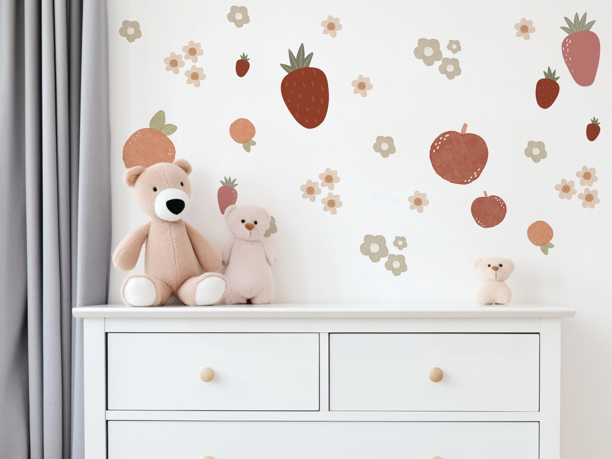 Strawberry Wall Decals Fruit Nursery Wall Stickers, Strawberry Nursery Decor, Boho Nursery Wall Art, Peach Wall Decals, Baby Girl Room Decor