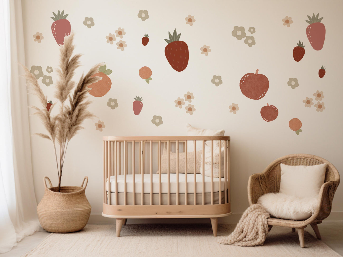 Strawberry Wall Decals Fruit Nursery Wall Stickers, Strawberry Nursery Decor, Boho Nursery Wall Art, Peach Wall Decals, Baby Girl Room Decor