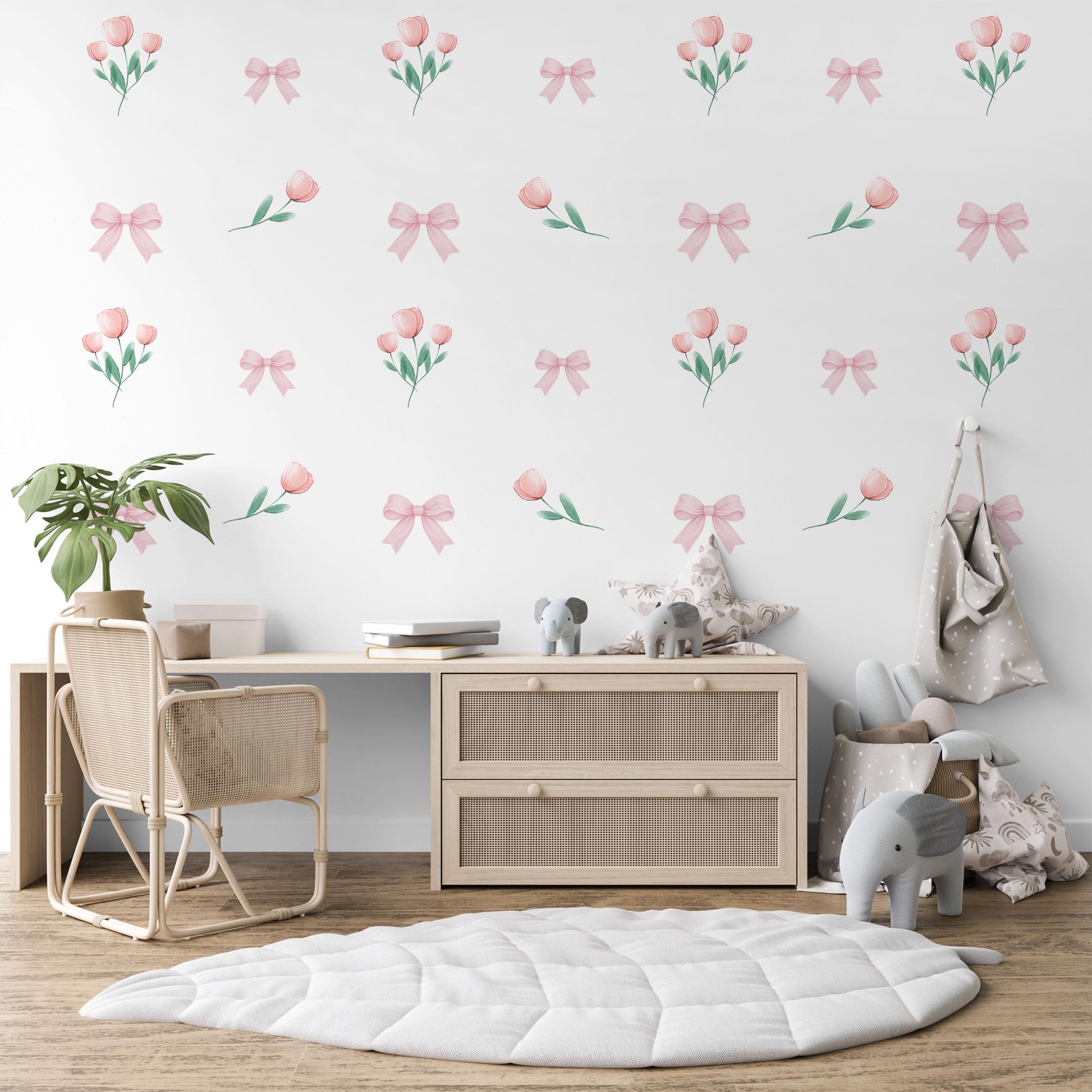 Pink Bow Wall Decals Tulip Nursery Wall Stickers Baby Girl Nursery Decor Watercolour Floral Wall Decal Coquette Nursery Decor Peel and Stick