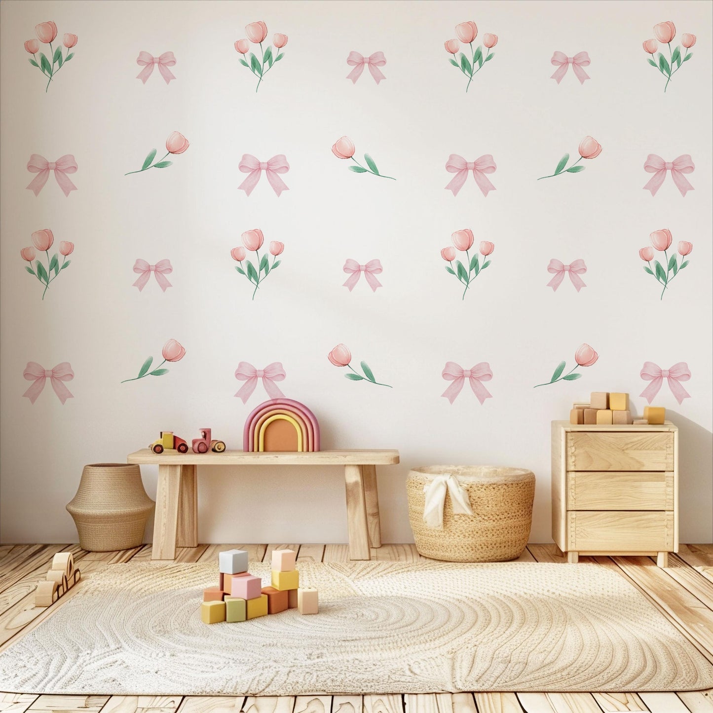Pink Bow Wall Decals Tulip Nursery Wall Stickers Baby Girl Nursery Decor Watercolour Floral Wall Decal Coquette Nursery Decor Peel and Stick
