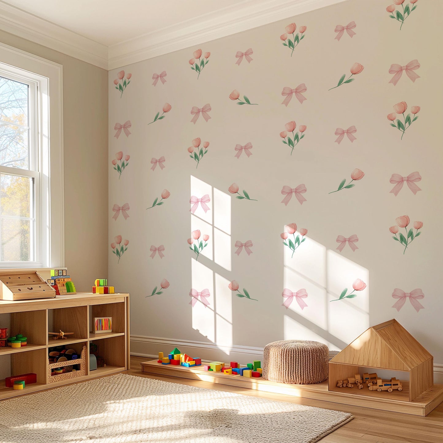 Pink Bow Wall Decals Tulip Nursery Wall Stickers Baby Girl Nursery Decor Watercolour Floral Wall Decal Coquette Nursery Decor Peel and Stick