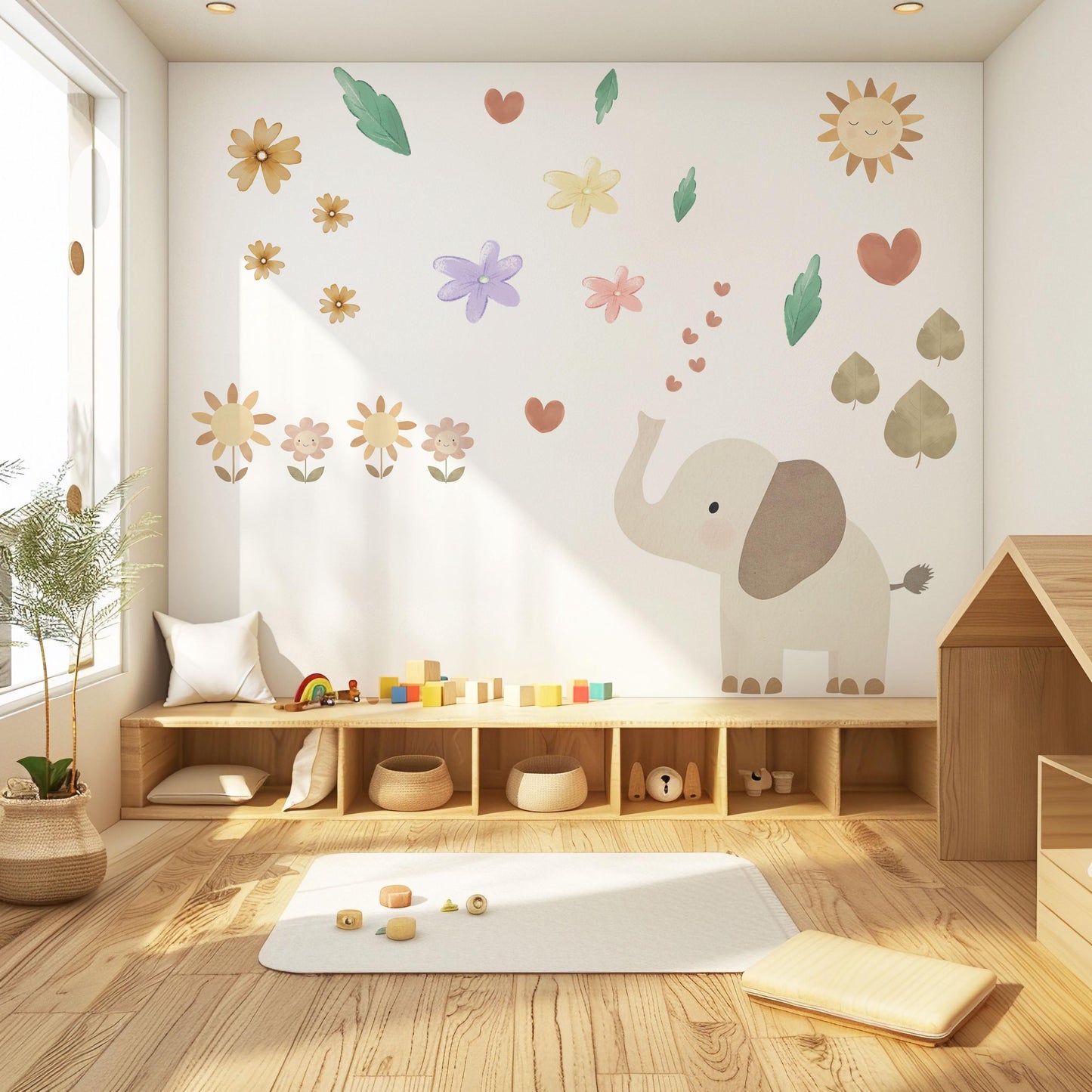 Elephant Nursery Wall Decals Safari Wall Stickers Baby Animal Nursery Decor Floral Nursery Wall Decals Peel and Stick Elephant Bedroom Decor