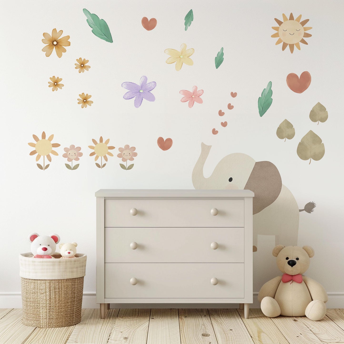 Elephant Nursery Wall Decals Safari Wall Stickers Baby Animal Nursery Decor Floral Nursery Wall Decals Peel and Stick Elephant Bedroom Decor