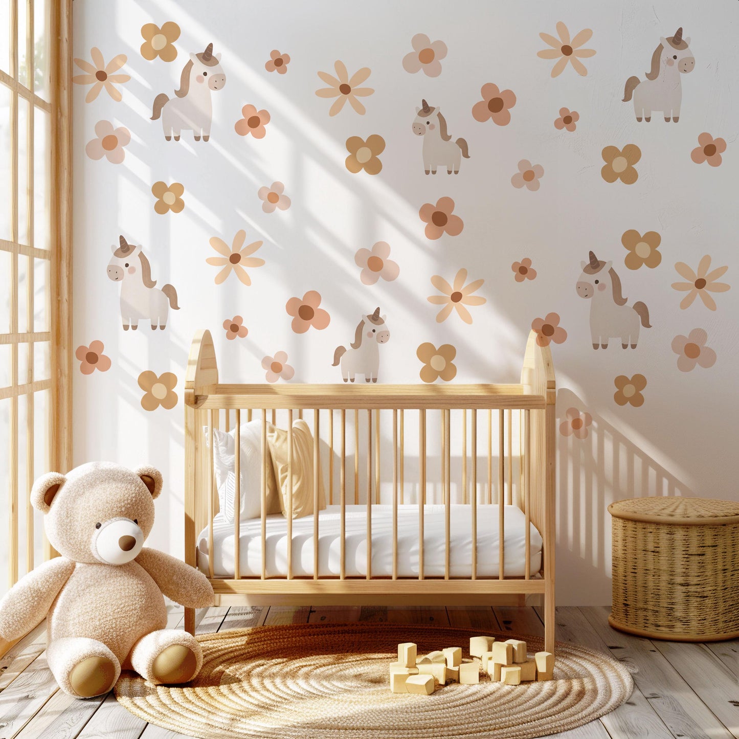Unicorn Wall Decals Neutral Nursery Decor Floral Wall Stickers Boho Nursery Decor Peel and Stick Baby Girl Room Decor