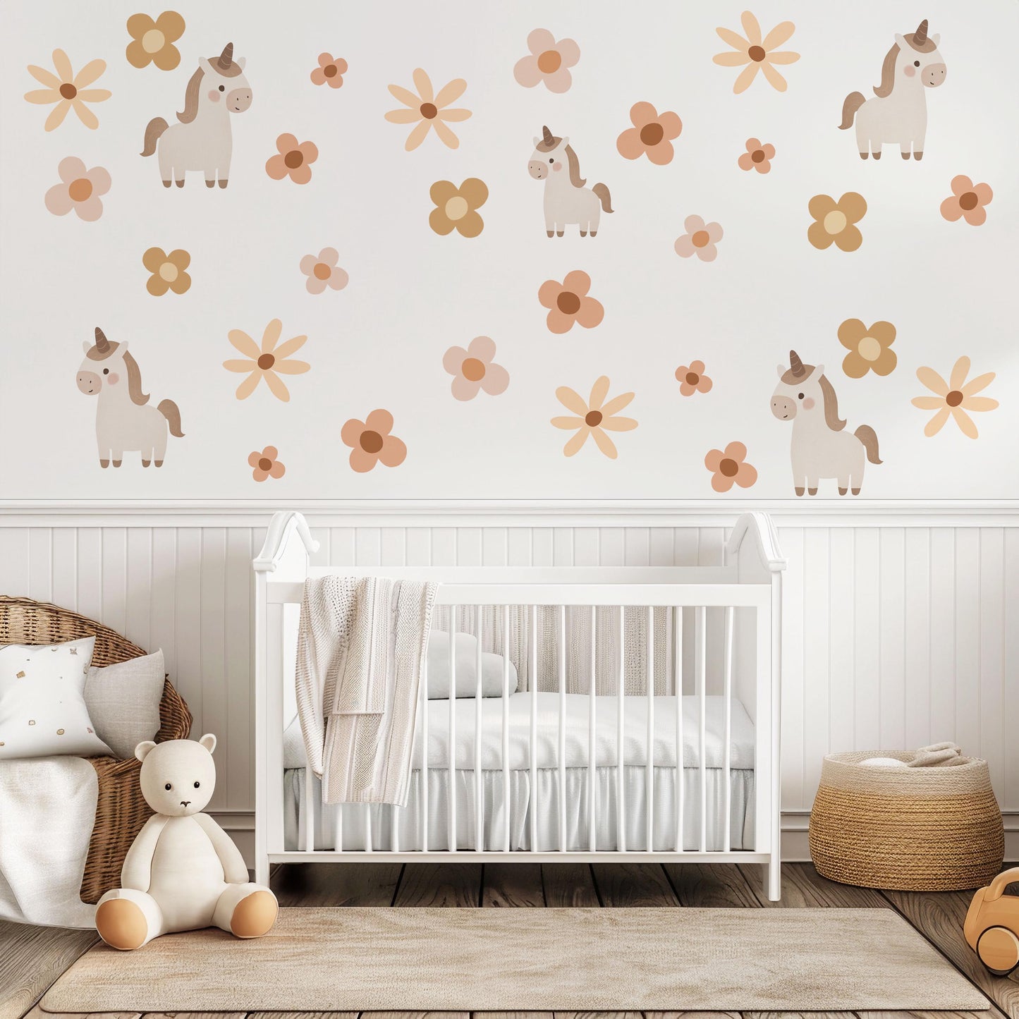 Unicorn Wall Decals Neutral Nursery Decor Floral Wall Stickers Boho Nursery Decor Peel and Stick Baby Girl Room Decor