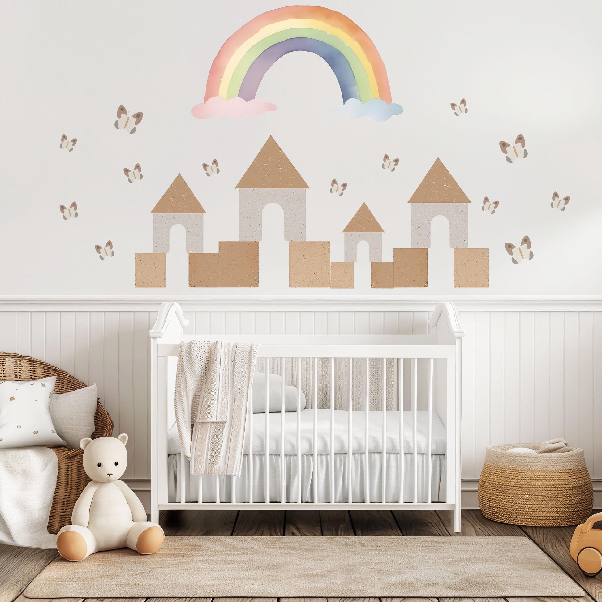 Rainbow Castle Wall Decals Neutral Nursery Decor Boho Nursery Wall Stickers Butterfly Wall Decals Peel and Stick Kids Room