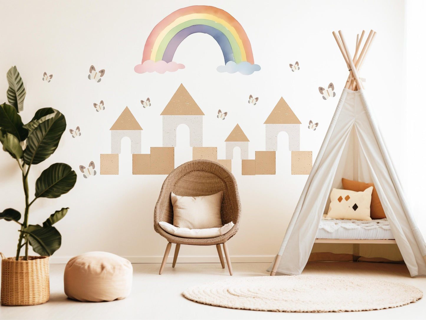 Rainbow Castle Wall Decals Neutral Nursery Decor Boho Nursery Wall Stickers Butterfly Wall Decals Peel and Stick Kids Room