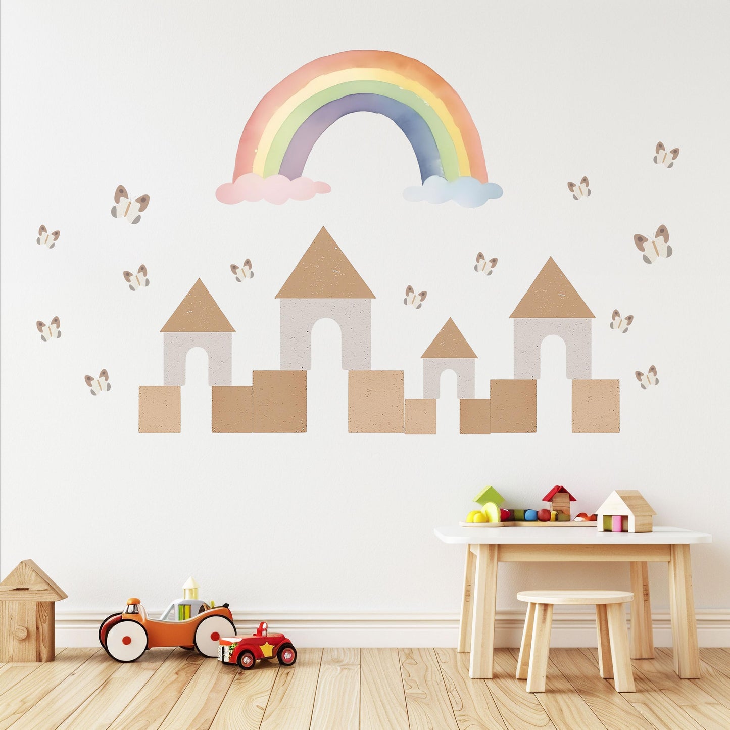 Rainbow Castle Wall Decals Neutral Nursery Decor Boho Nursery Wall Stickers Butterfly Wall Decals Peel and Stick Kids Room