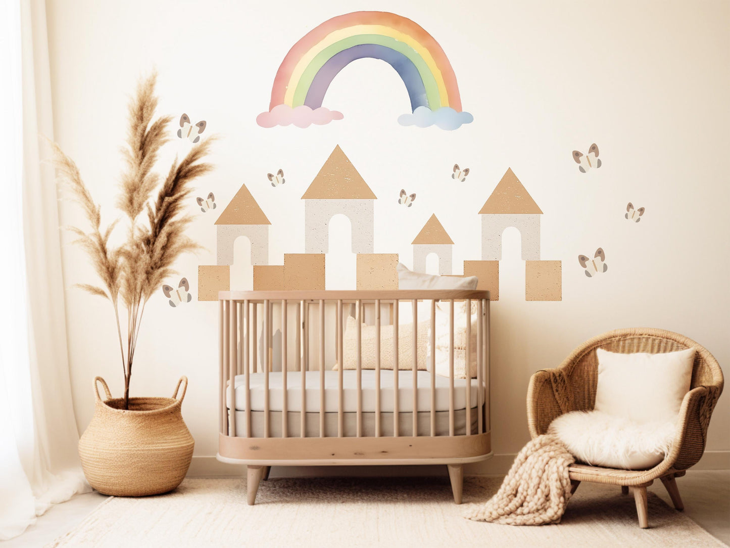 Rainbow Castle Wall Decals Neutral Nursery Decor Boho Nursery Wall Stickers Butterfly Wall Decals Peel and Stick Kids Room