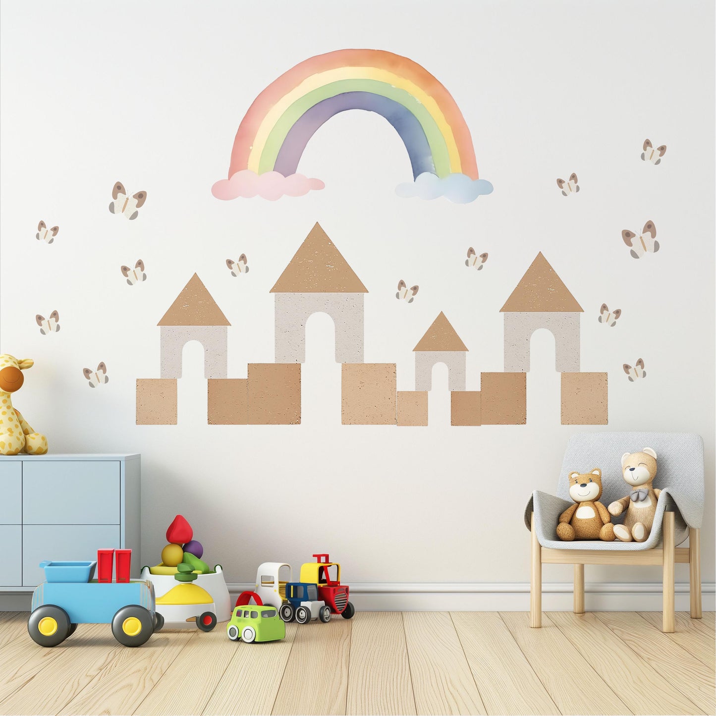 Rainbow Castle Wall Decals Neutral Nursery Decor Boho Nursery Wall Stickers Butterfly Wall Decals Peel and Stick Kids Room