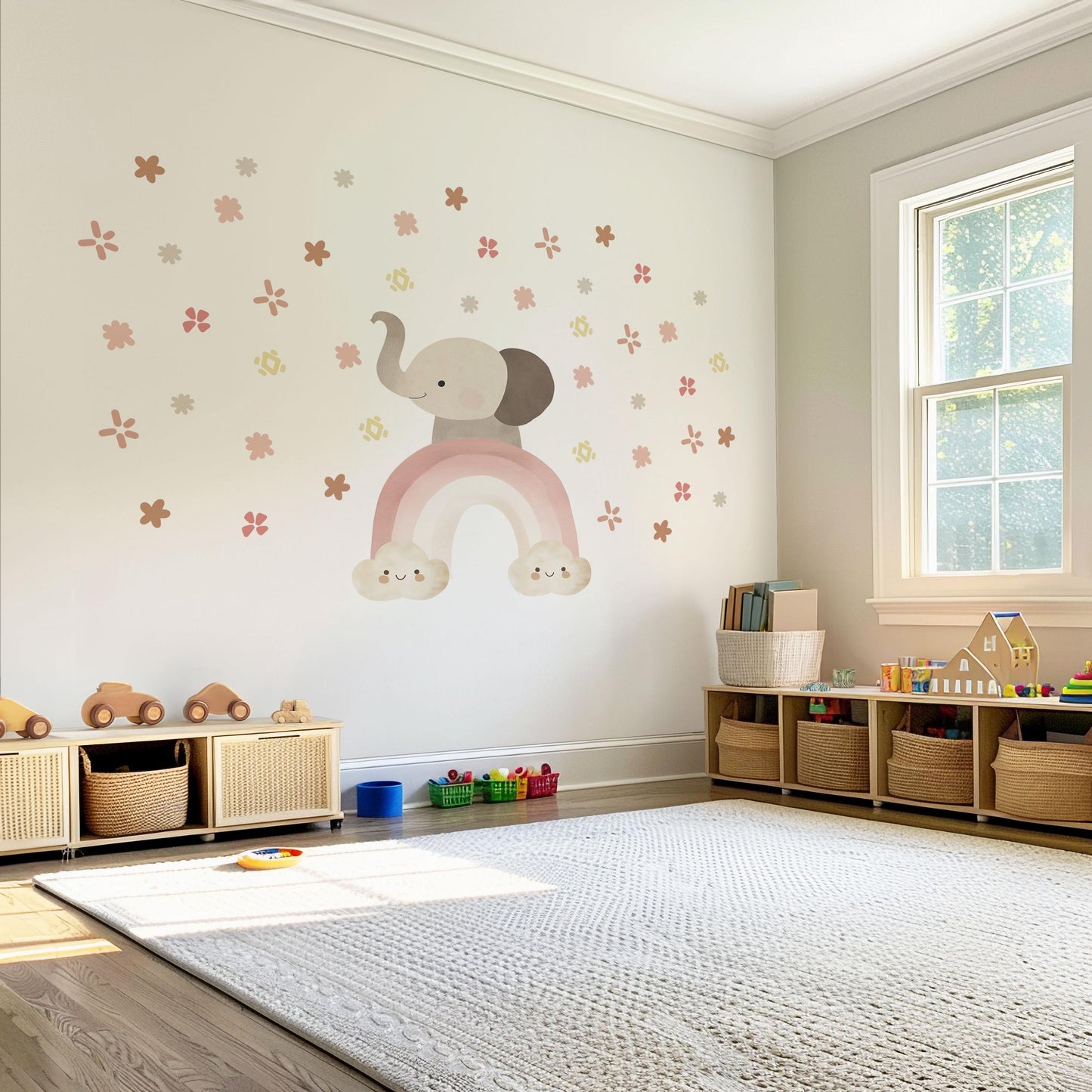 Elephant Rainbow Wall Decals Neutral Nursery Decor Boho Nursery Wall Stickers Pink Nursery Decals Peel and Stick Girls Room