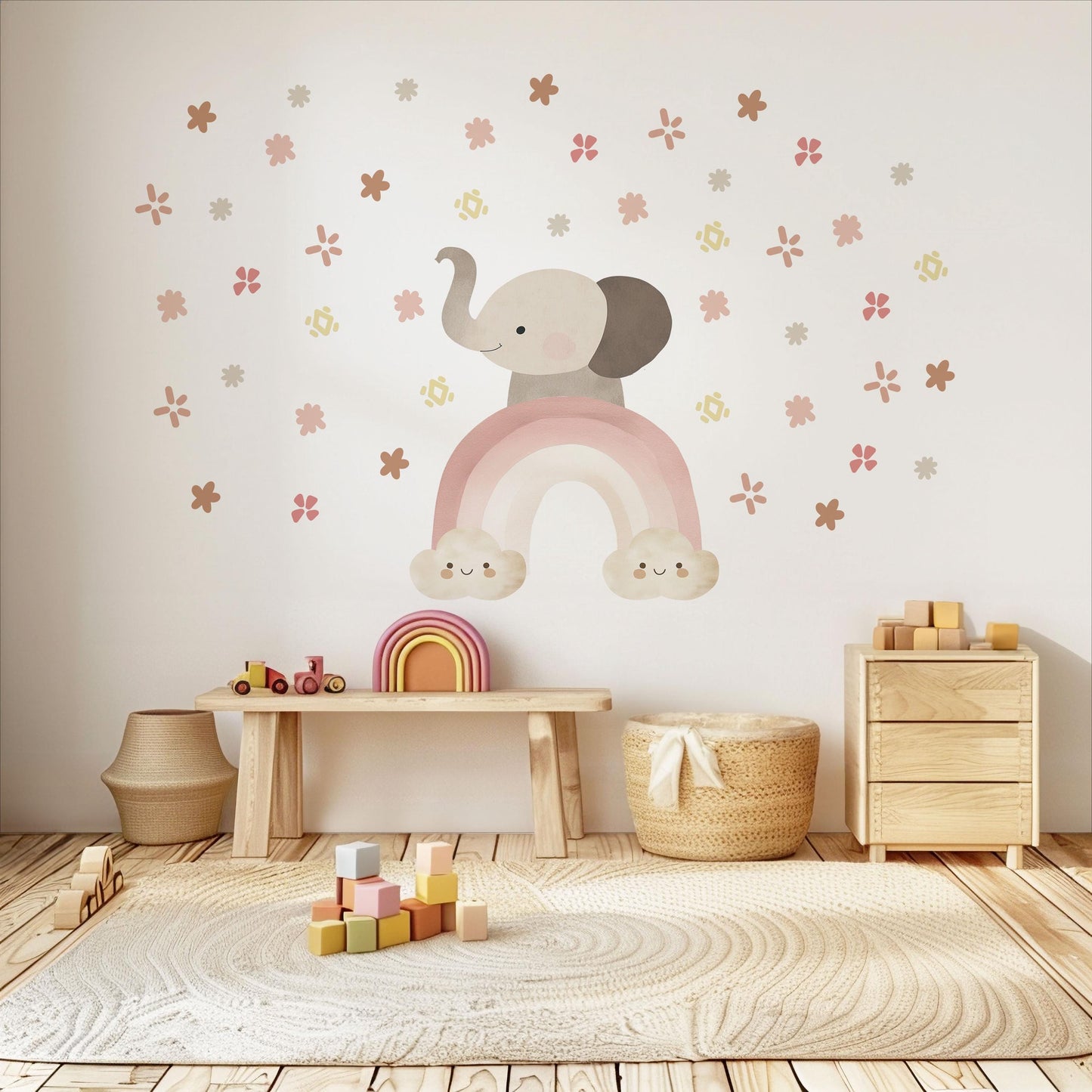 Elephant Rainbow Wall Decals Neutral Nursery Decor Boho Nursery Wall Stickers Pink Nursery Decals Peel and Stick Girls Room