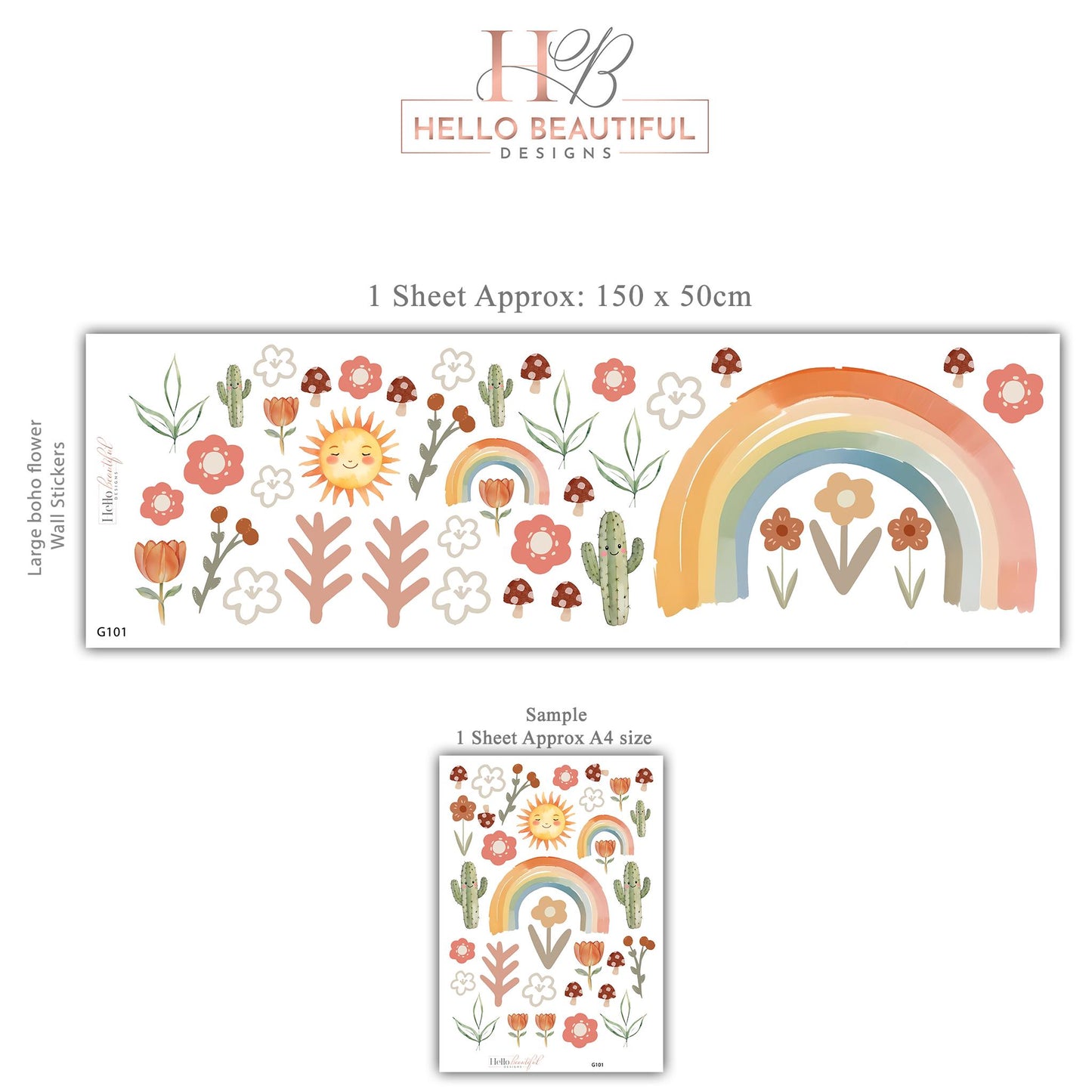 Boho Rainbow Wall Decals, Rainbow Nursery Wall Stickers, Cactus Nursery Decor, Retro Floral Wall Decals, Peel and Stick Nursery Decor