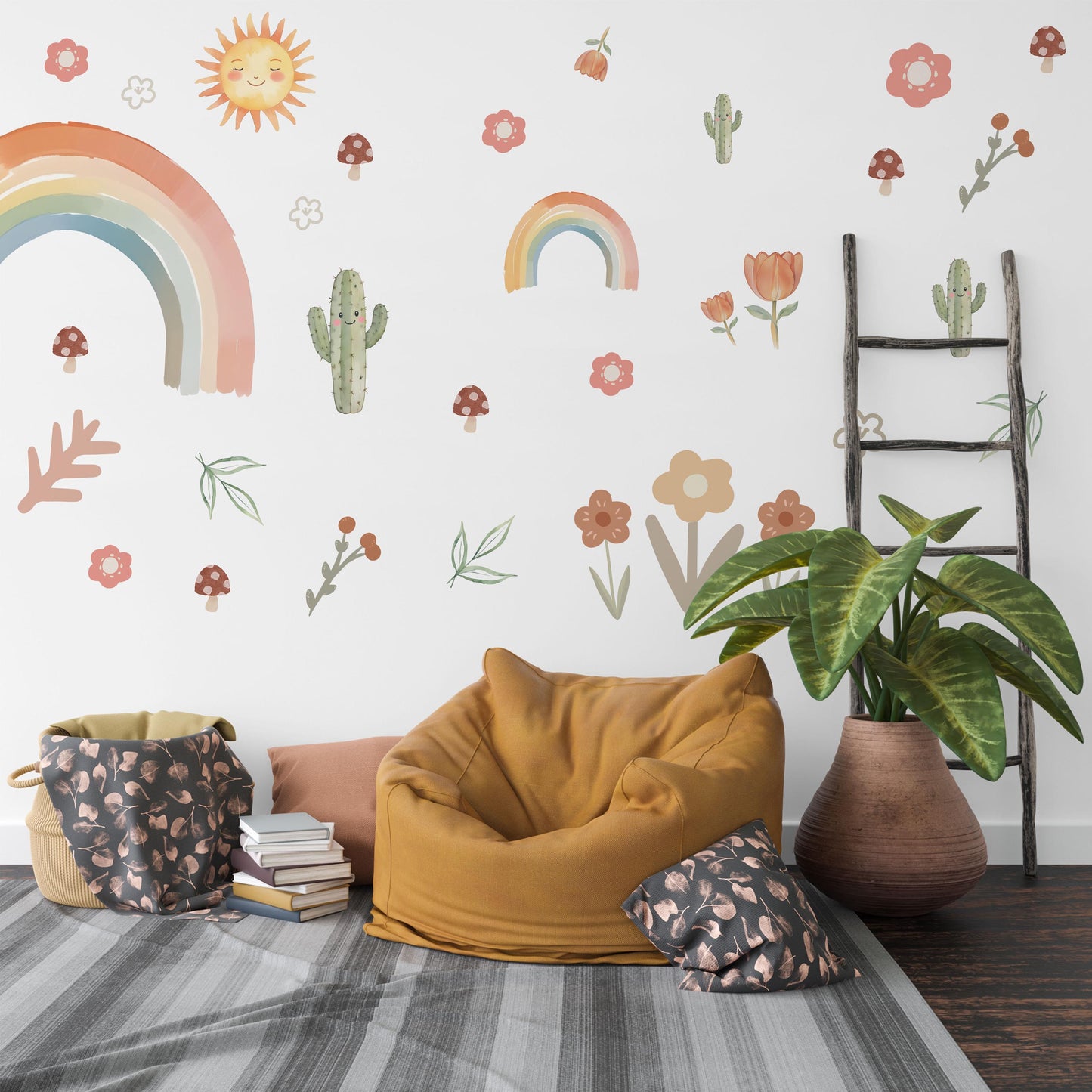 Boho Rainbow Wall Decals, Rainbow Nursery Wall Stickers, Cactus Nursery Decor, Retro Floral Wall Decals, Peel and Stick Nursery Decor