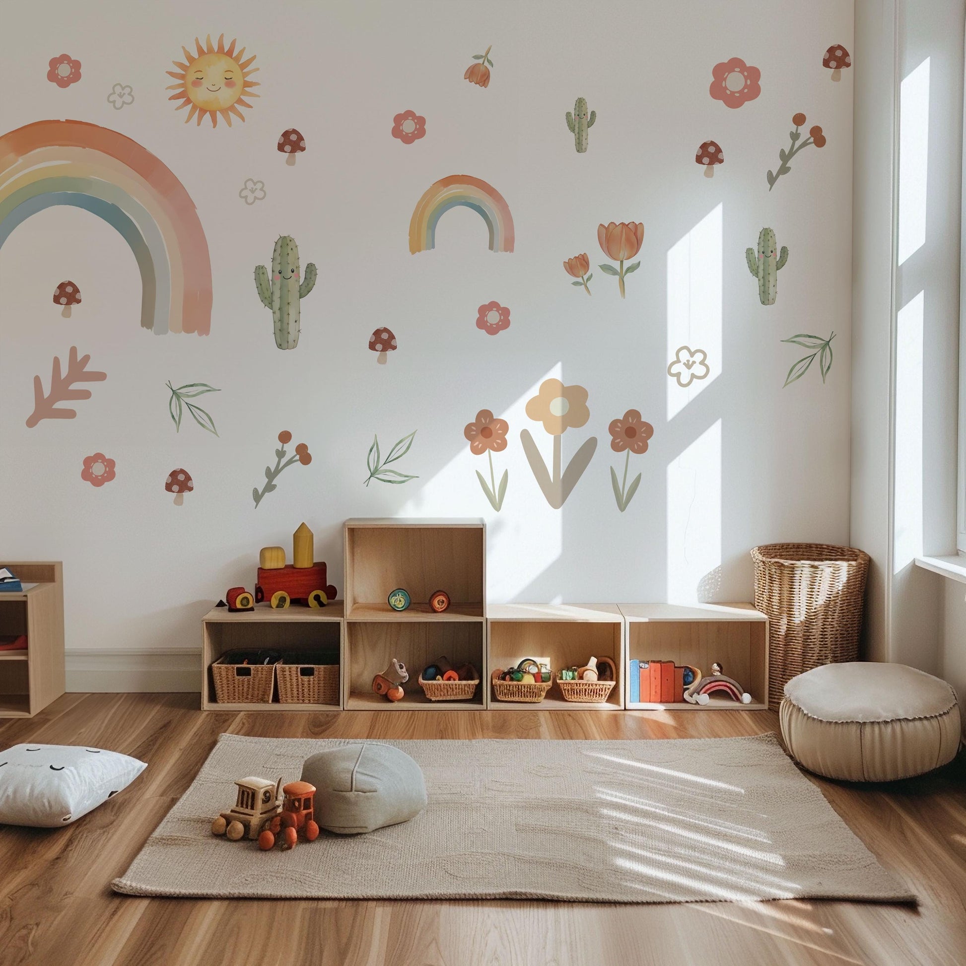 Boho Rainbow Wall Decals, Rainbow Nursery Wall Stickers, Cactus Nursery Decor, Retro Floral Wall Decals, Peel and Stick Nursery Decor