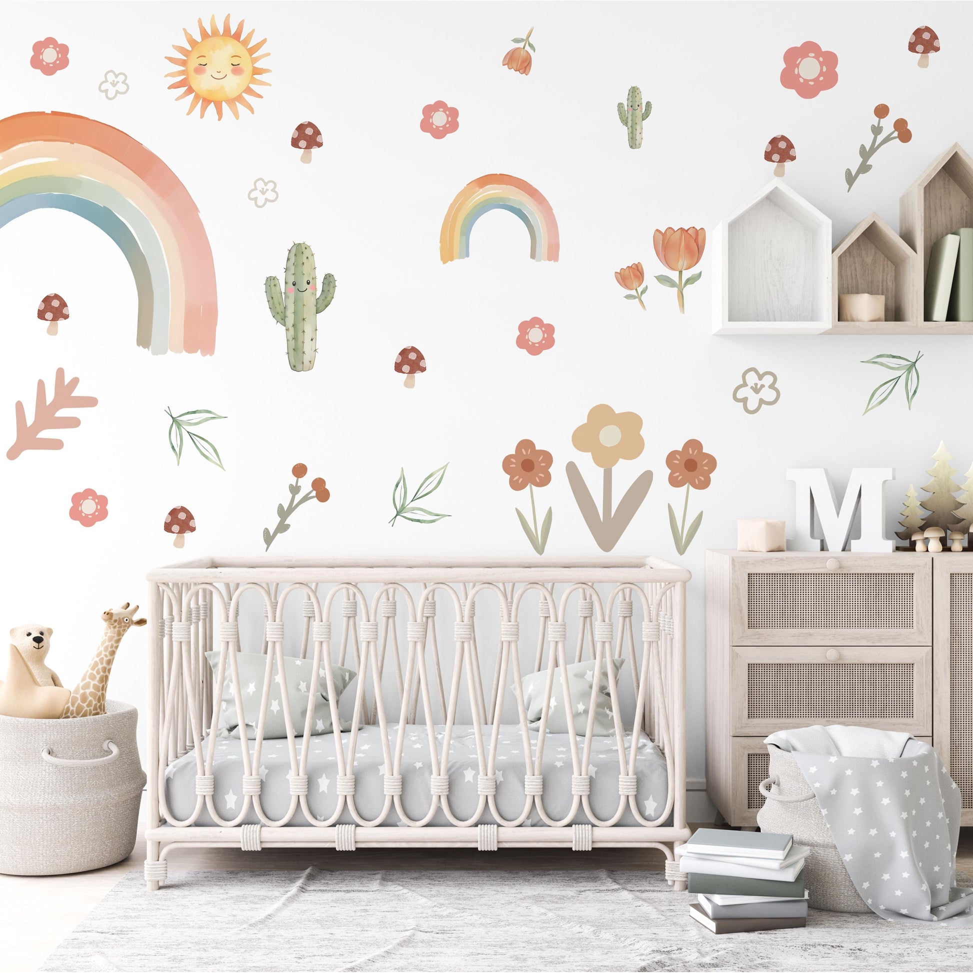 Boho Rainbow Wall Decals, Rainbow Nursery Wall Stickers, Cactus Nursery Decor, Retro Floral Wall Decals, Peel and Stick Nursery Decor