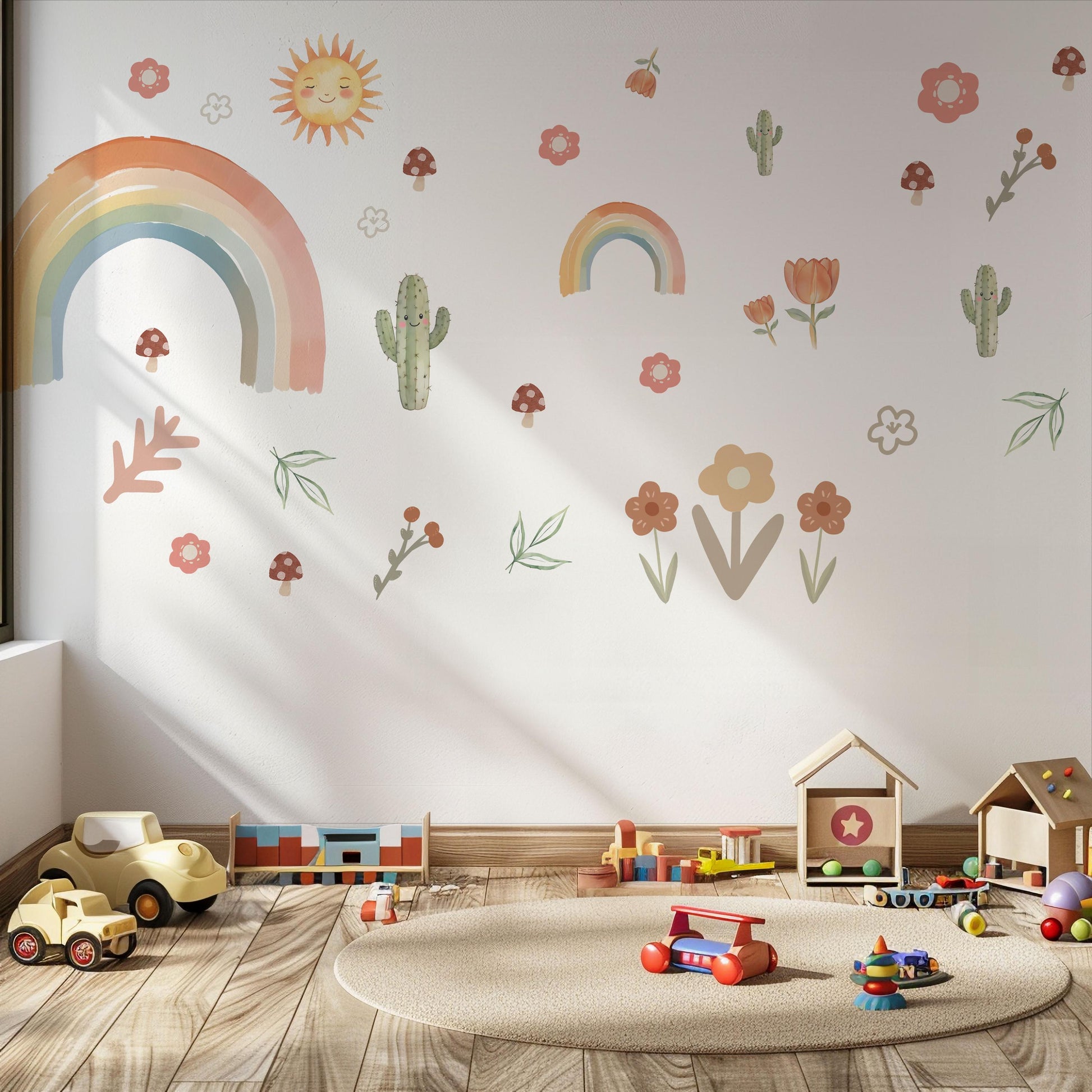Boho Rainbow Wall Decals, Rainbow Nursery Wall Stickers, Cactus Nursery Decor, Retro Floral Wall Decals, Peel and Stick Nursery Decor