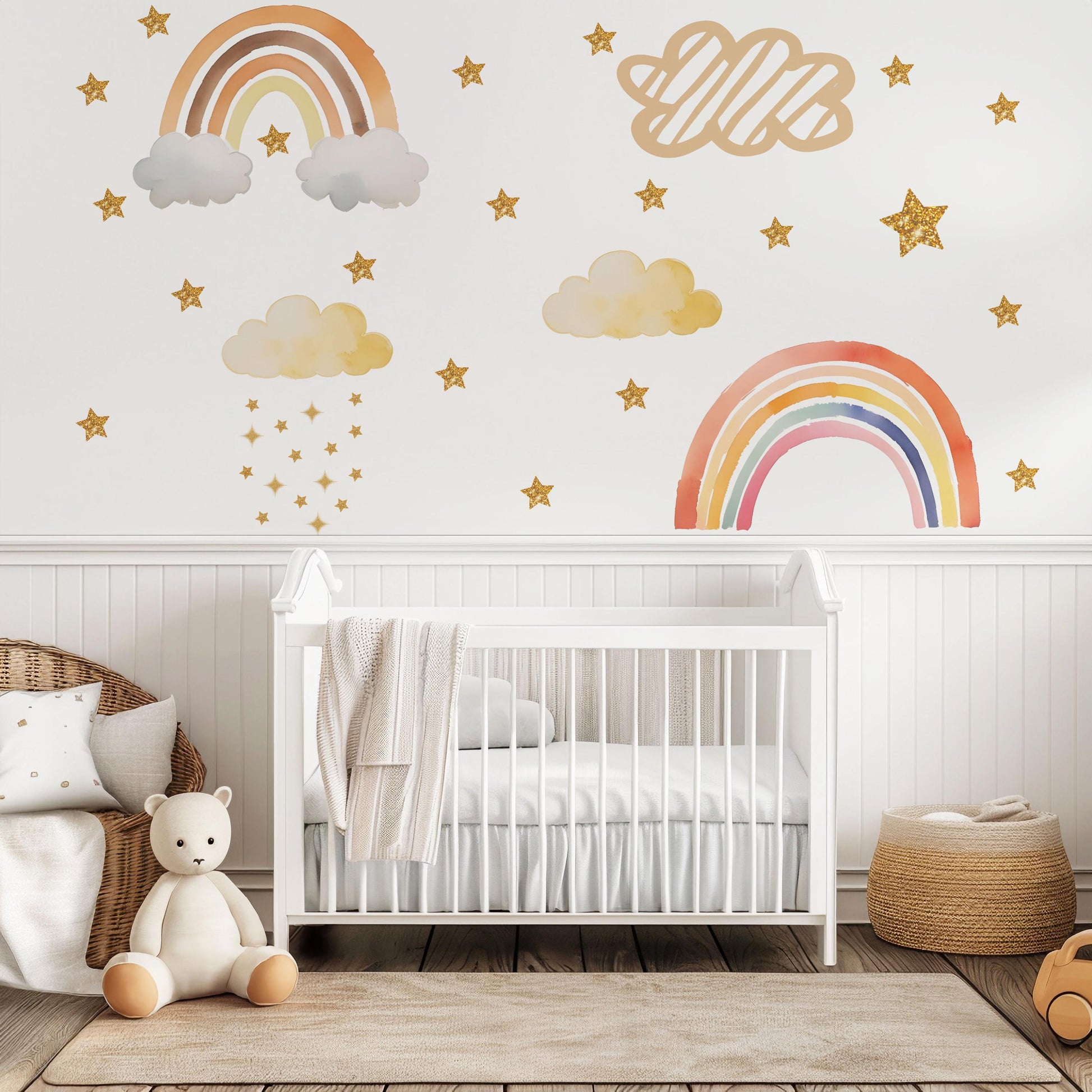 Rainbow Wall Decals Nursery, Rainbow Wall Stickers, Boho Nursery Decor, Cloud Wall Decals, Star Nursery Wall Stickers, Peel and Stick Decor