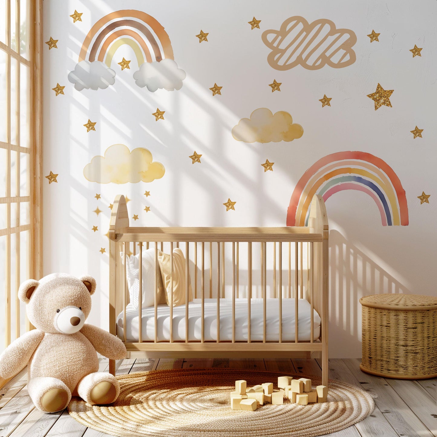 Rainbow Wall Decals Nursery, Rainbow Wall Stickers, Boho Nursery Decor, Cloud Wall Decals, Star Nursery Wall Stickers, Peel and Stick Decor