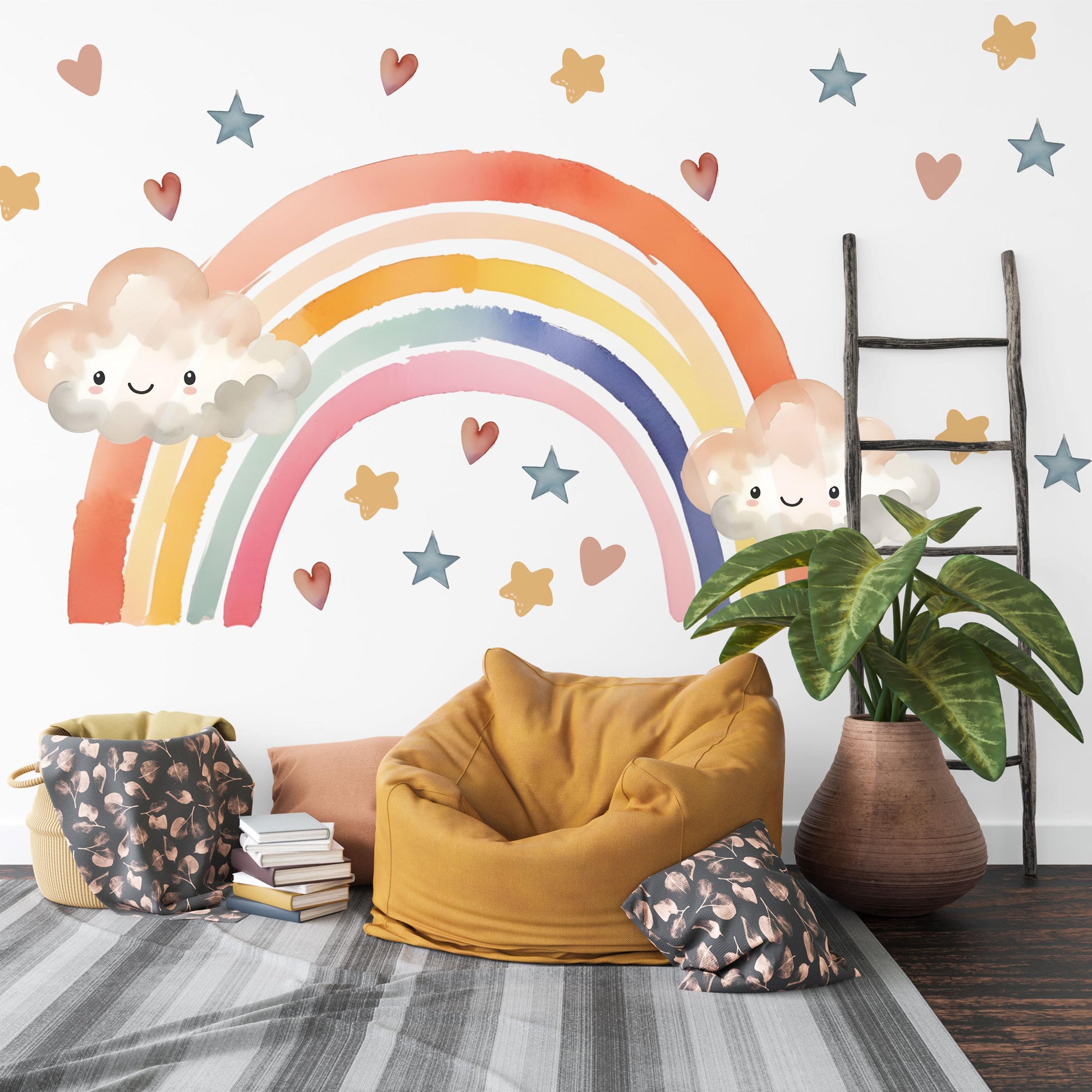 Rainbow Wall Decals Nursery Kawaii Cloud Wall Stickers Rainbow Nursery Decor Star Wall Decals, Cute Nursery Wall Art, Peel and Stick Rainbow