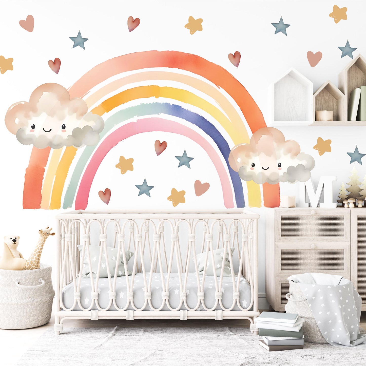 Rainbow Wall Decals Nursery Kawaii Cloud Wall Stickers Rainbow Nursery Decor Star Wall Decals, Cute Nursery Wall Art, Peel and Stick Rainbow