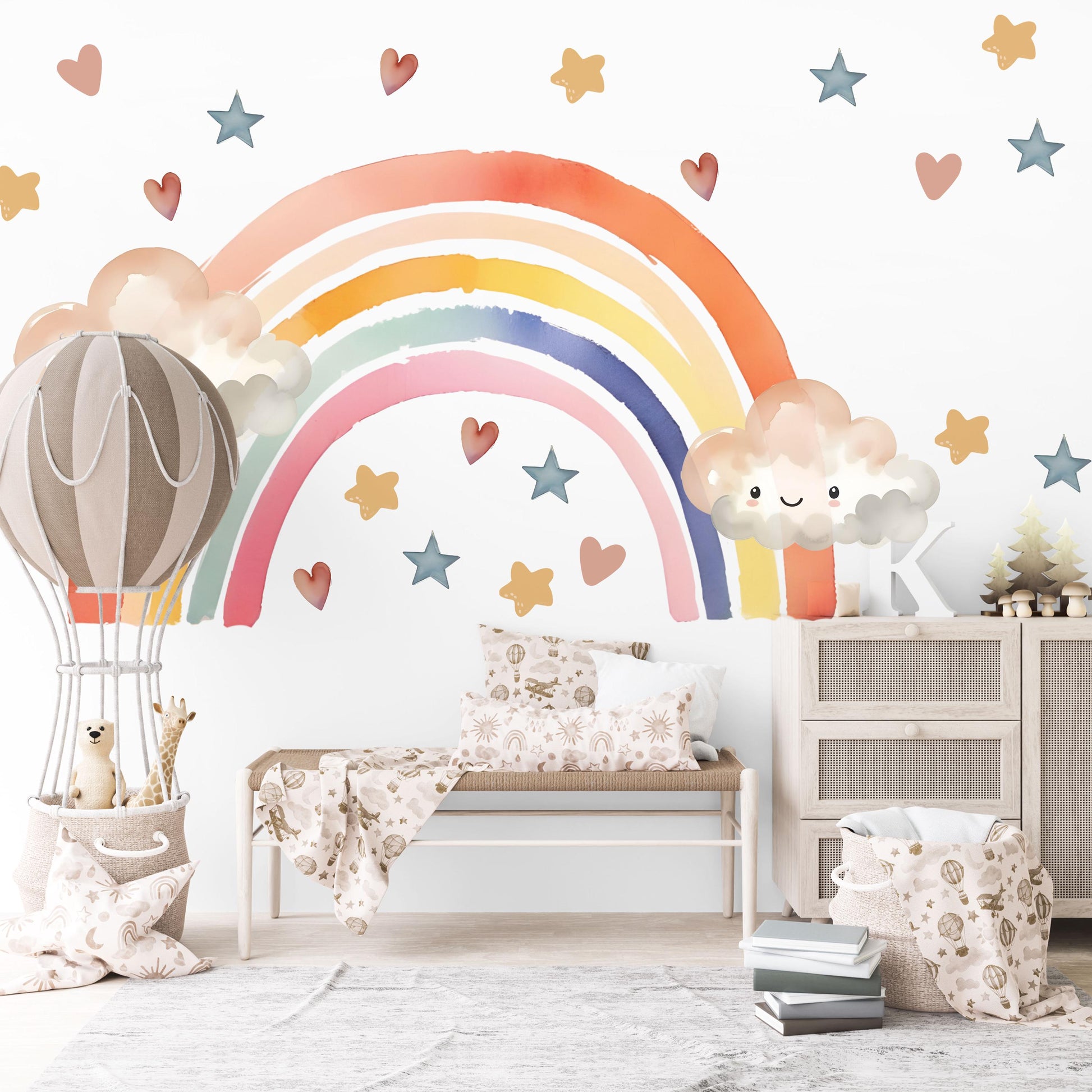 Rainbow Wall Decals Nursery Kawaii Cloud Wall Stickers Rainbow Nursery Decor Star Wall Decals, Cute Nursery Wall Art, Peel and Stick Rainbow