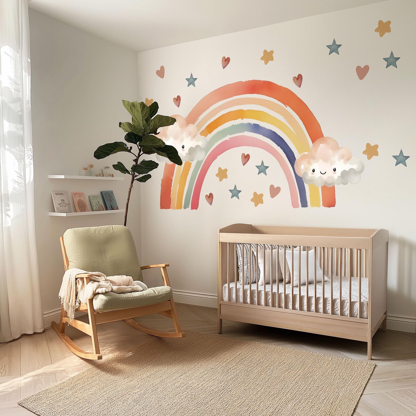Rainbow Wall Decals Nursery Kawaii Cloud Wall Stickers Rainbow Nursery Decor Star Wall Decals, Cute Nursery Wall Art, Peel and Stick Rainbow