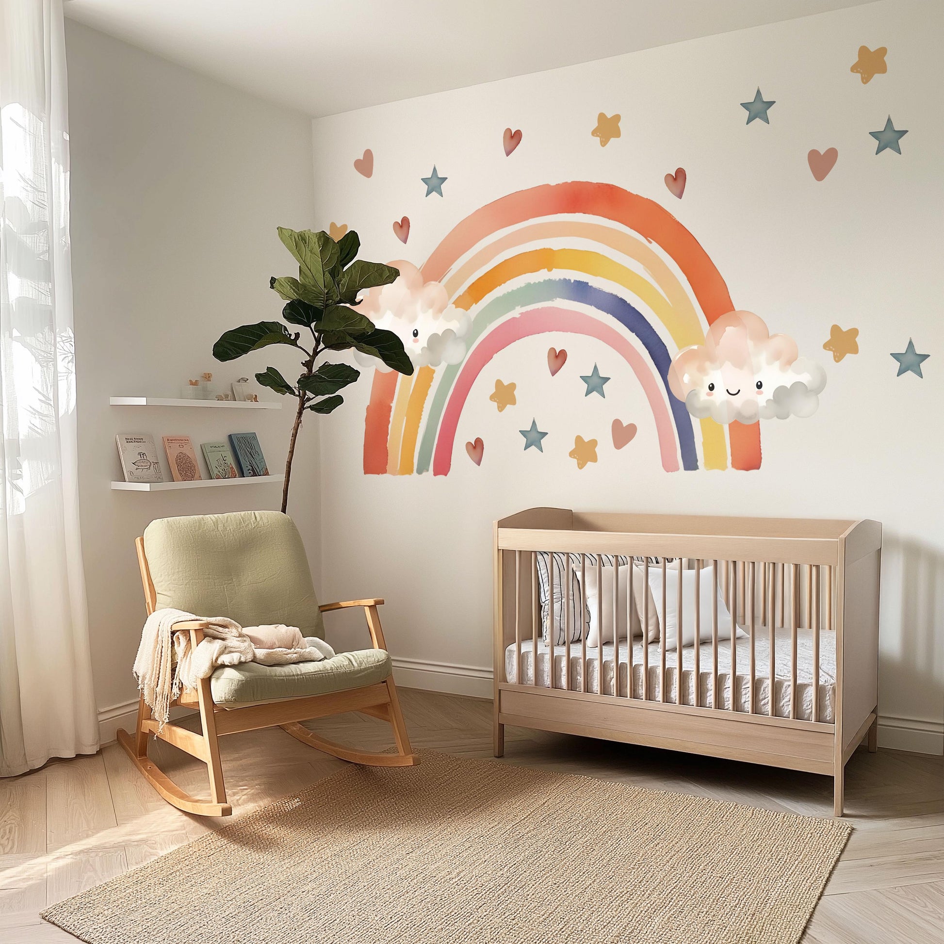 Rainbow Wall Decals Nursery Kawaii Cloud Wall Stickers Rainbow Nursery Decor Star Wall Decals, Cute Nursery Wall Art, Peel and Stick Rainbow
