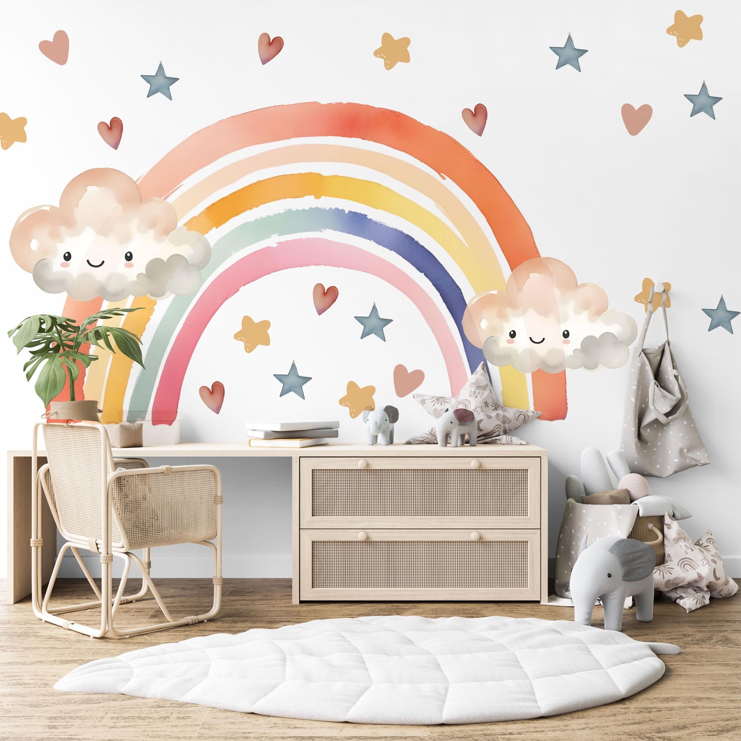 Rainbow Wall Decals Nursery Kawaii Cloud Wall Stickers Rainbow Nursery Decor Star Wall Decals, Cute Nursery Wall Art, Peel and Stick Rainbow