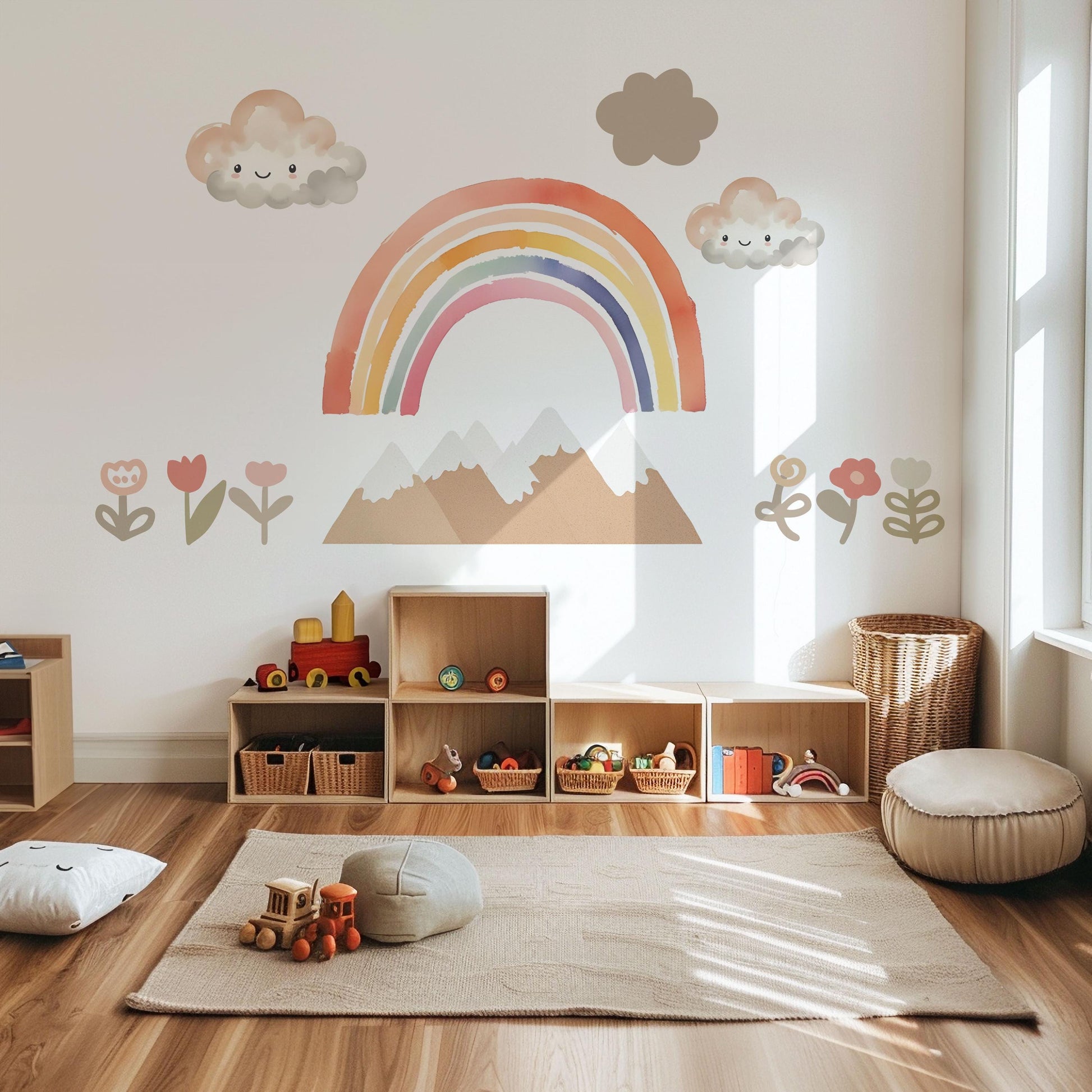 Rainbow Mountain Wall Decals Boho Nursery Wall Stickers Neutral Rainbow Decor Cloud Nursery Decals Peel and Stick Kids Room