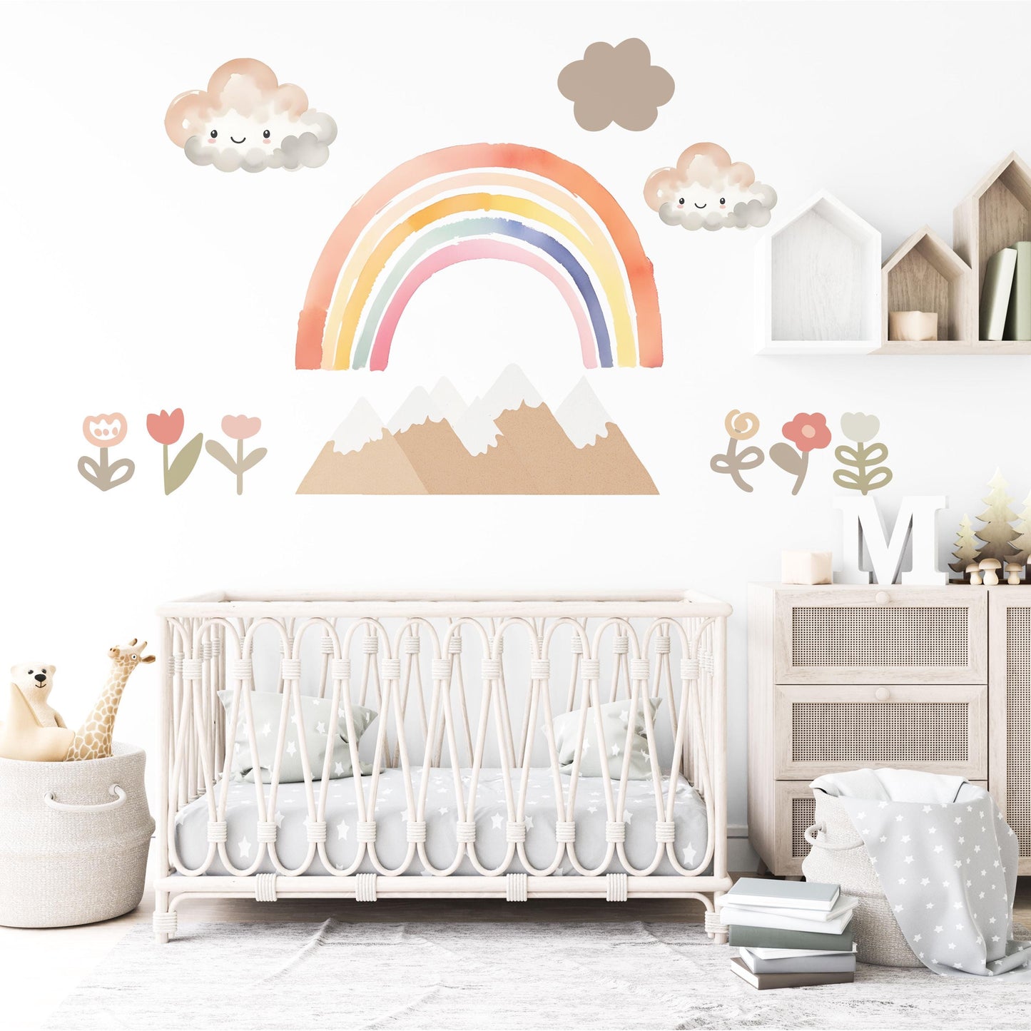 Rainbow Mountain Wall Decals Boho Nursery Wall Stickers Neutral Rainbow Decor Cloud Nursery Decals Peel and Stick Kids Room