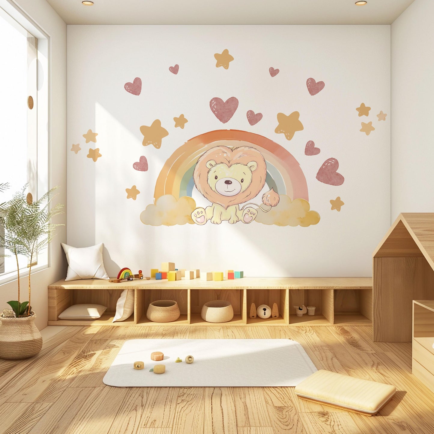 Lion Wall Decals Neutral Nursery Decor Lion Nursery Wall Stickers Safari Nursery Rainbow Wall Decals Peel and Stick Baby Room Decor